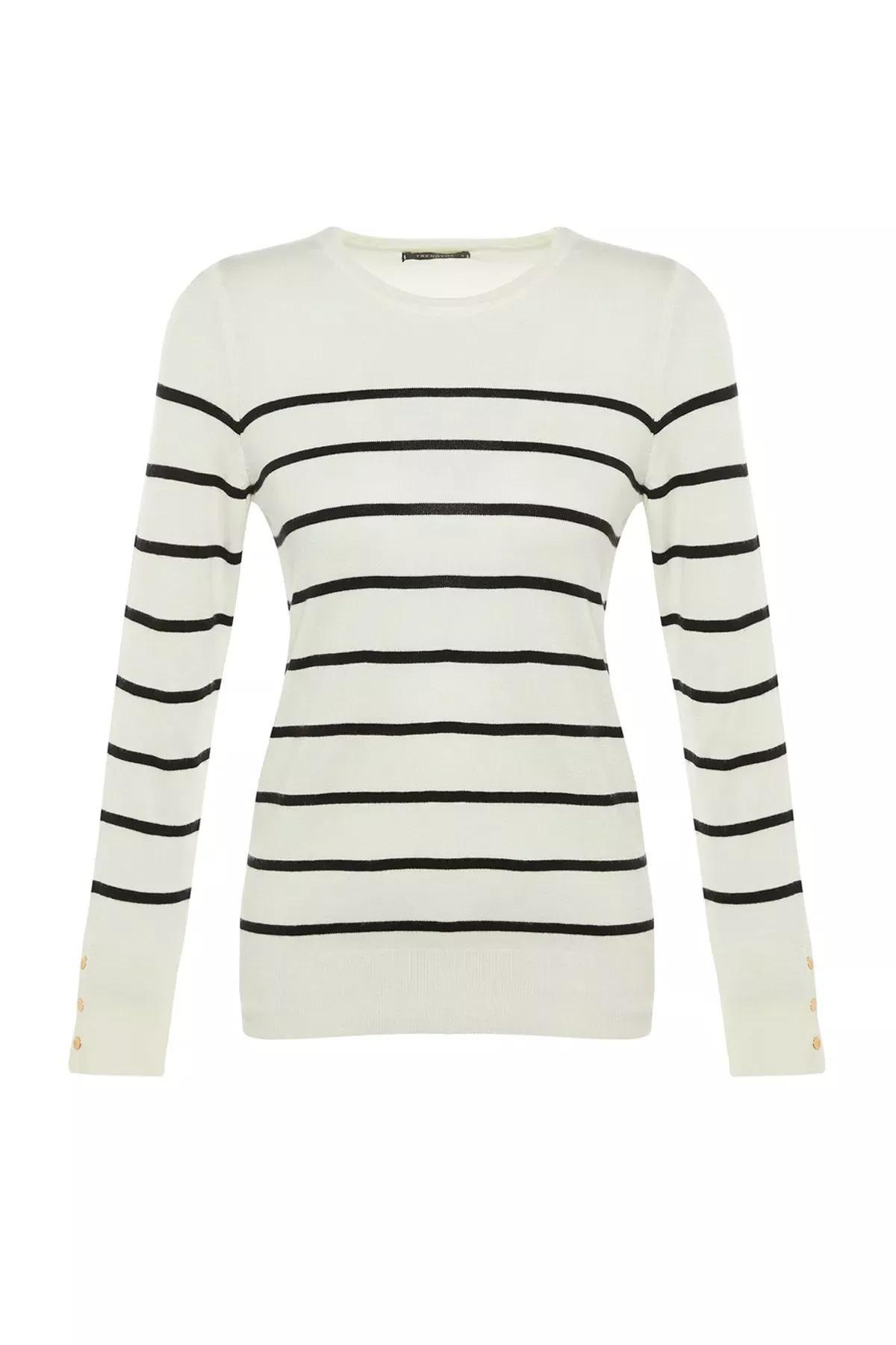 Ecru Striped Crew Neck Slim Sweater, , large image number 5