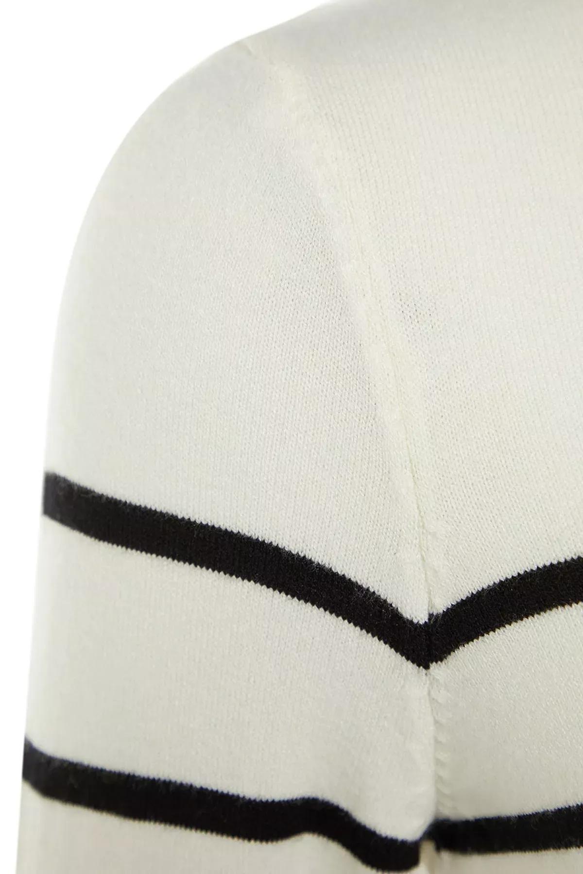 Ecru Striped Crew Neck Slim Sweater, , large image number 6
