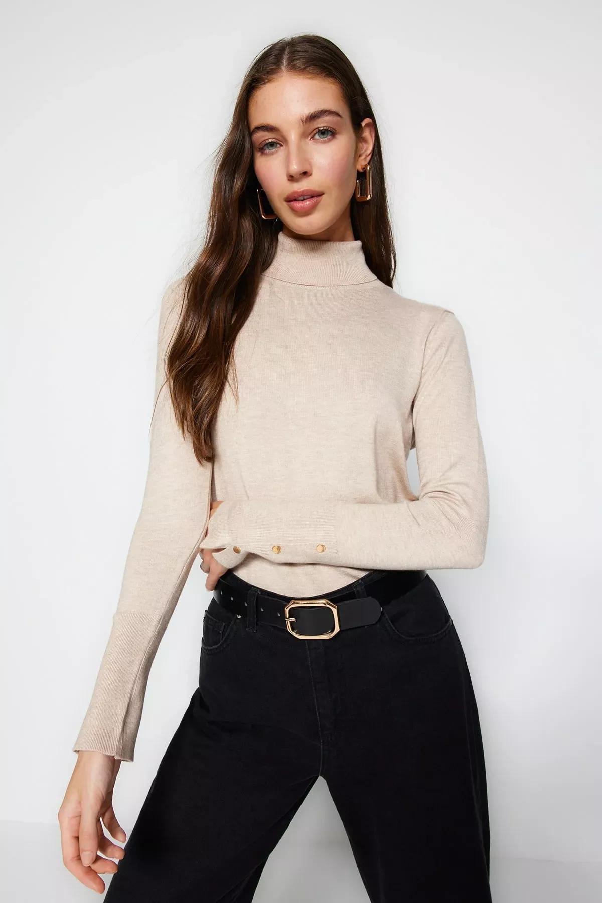 Beige Slim Turtleneck Sweater, Rock, large image number 0