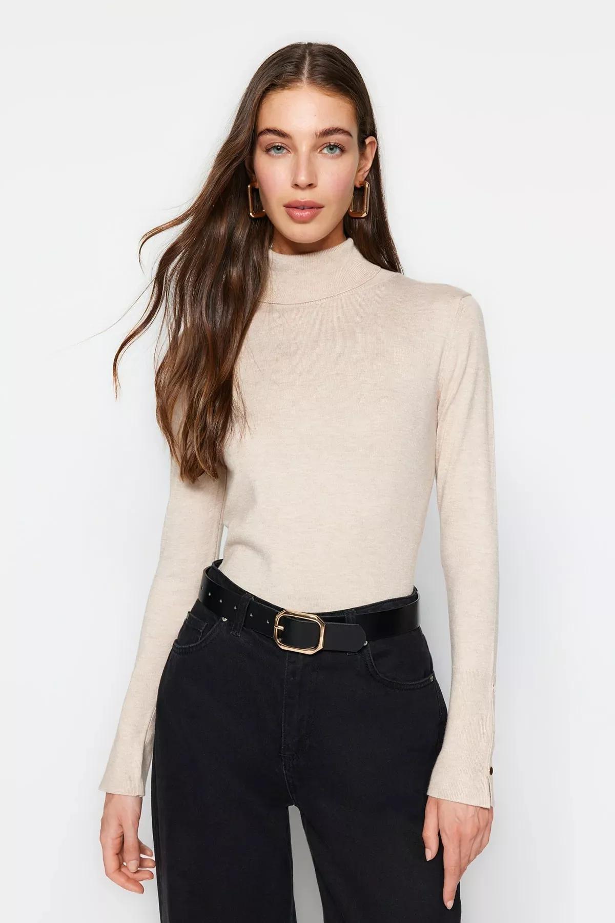Beige Slim Turtleneck Sweater, Rock, large image number 3