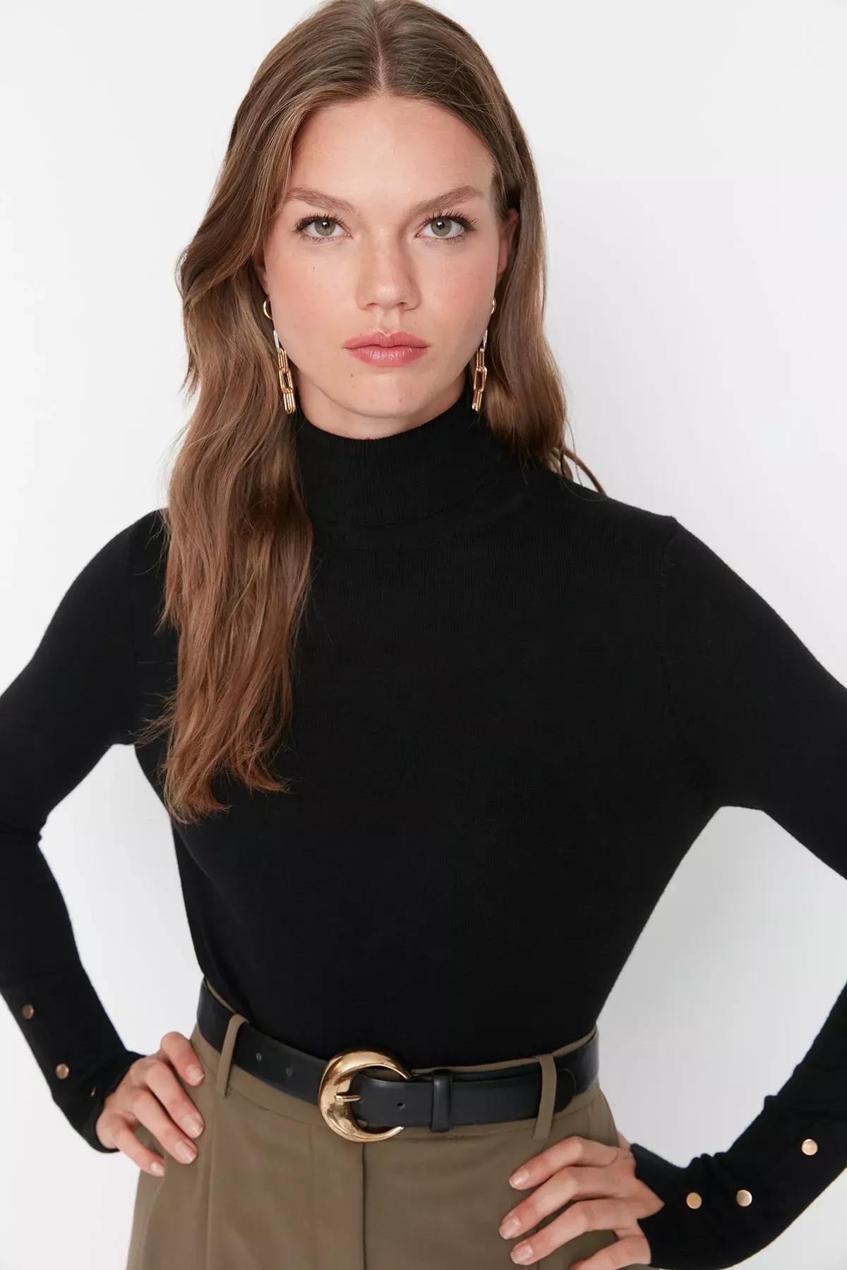 Black Turtleneck Slim Sweater, , large image number 1