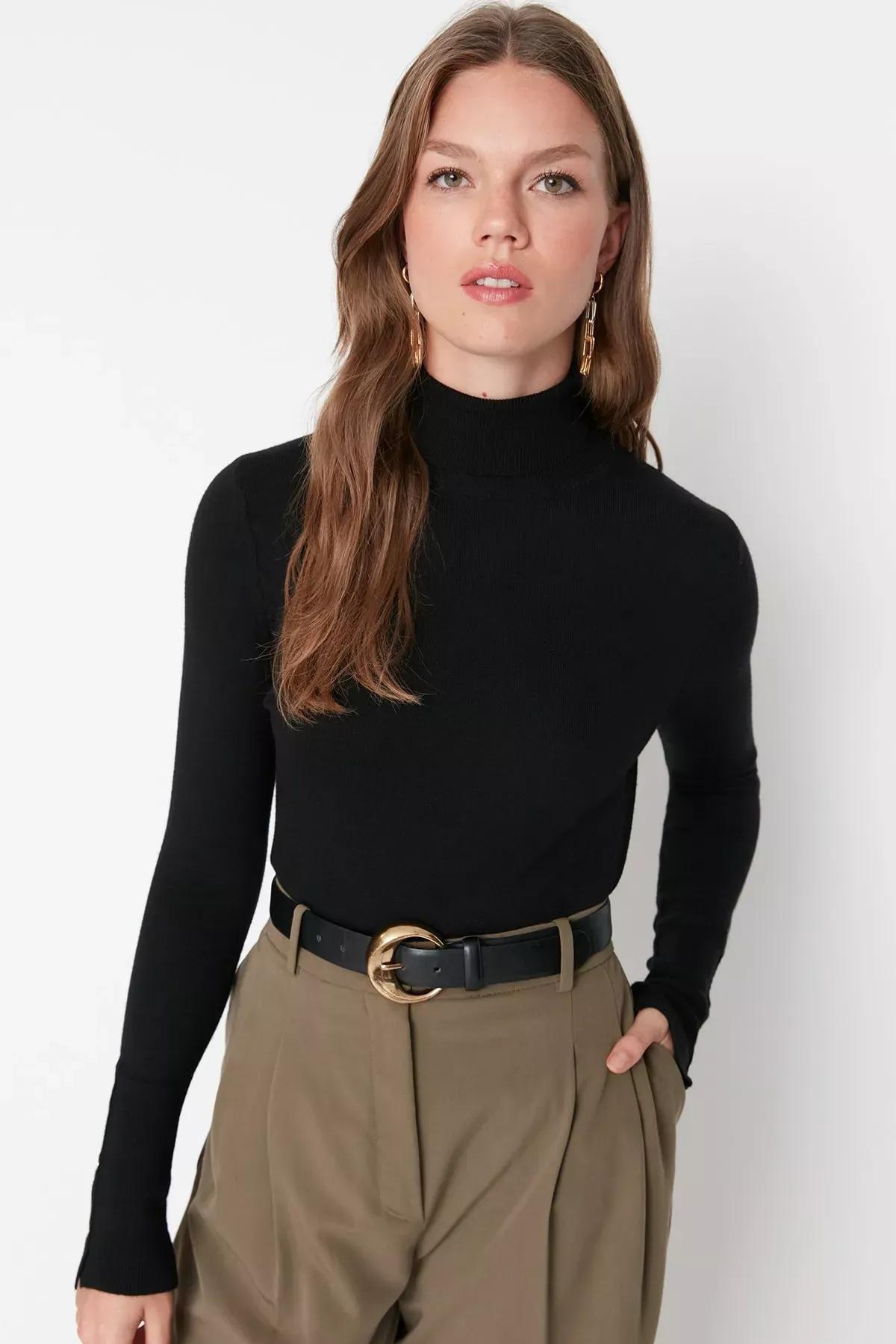 Black Turtleneck Slim Sweater, , large image number 2