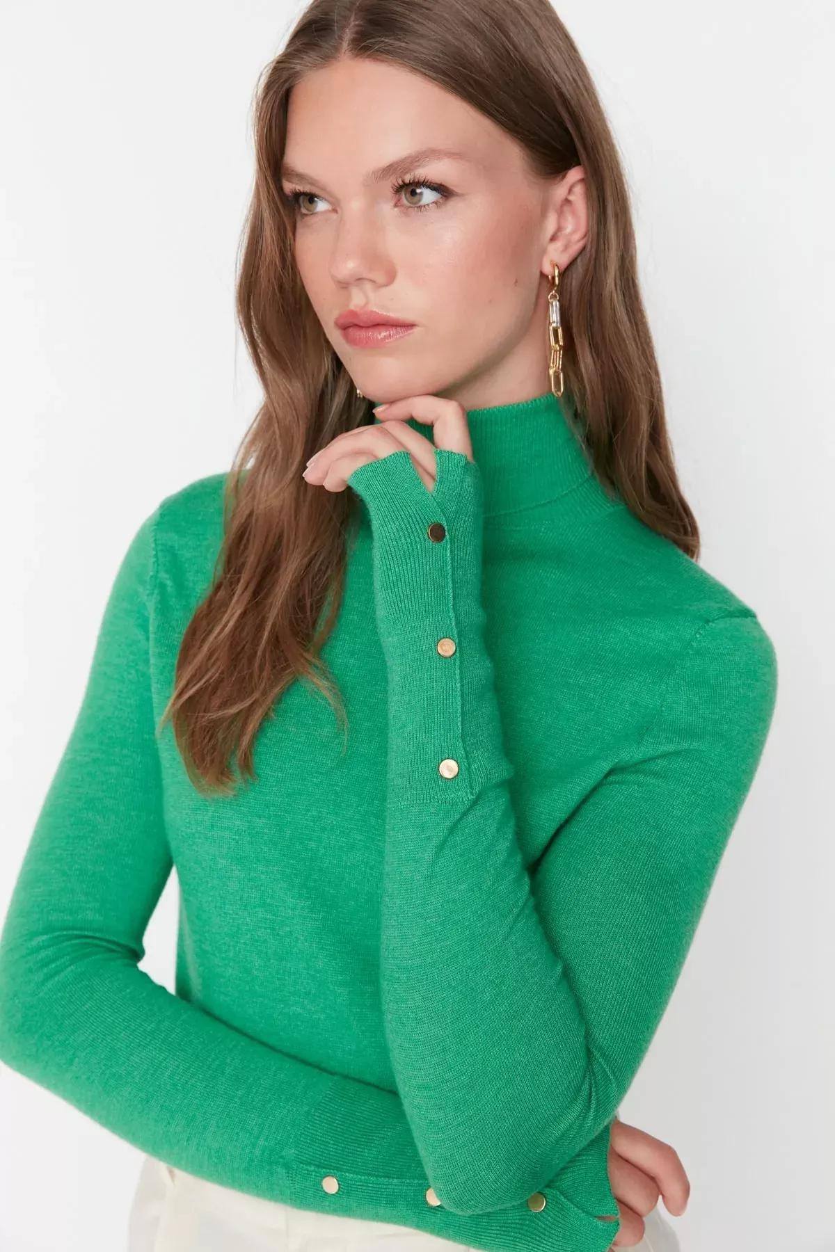 Green Turtleneck Slim Sweater, Green, large image number 0