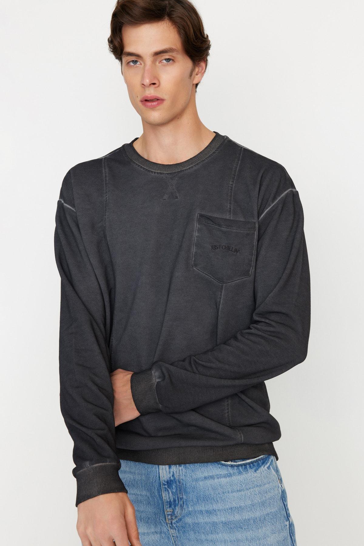 Trendyol - Grey Relaxed Print Crew Neck Sweatshirt