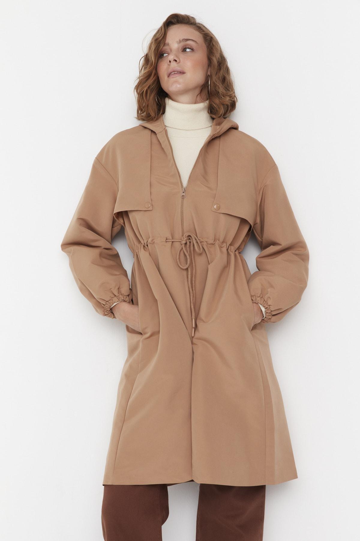 Brown Hooded Maxi Trench Coat, , large image number 0