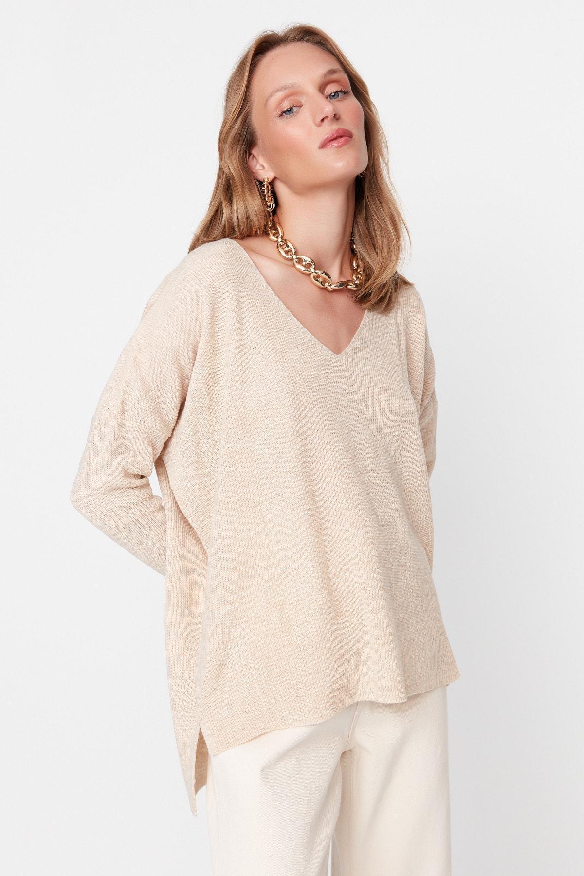 Trendyol - Beige Oversize V-Neck Sweater