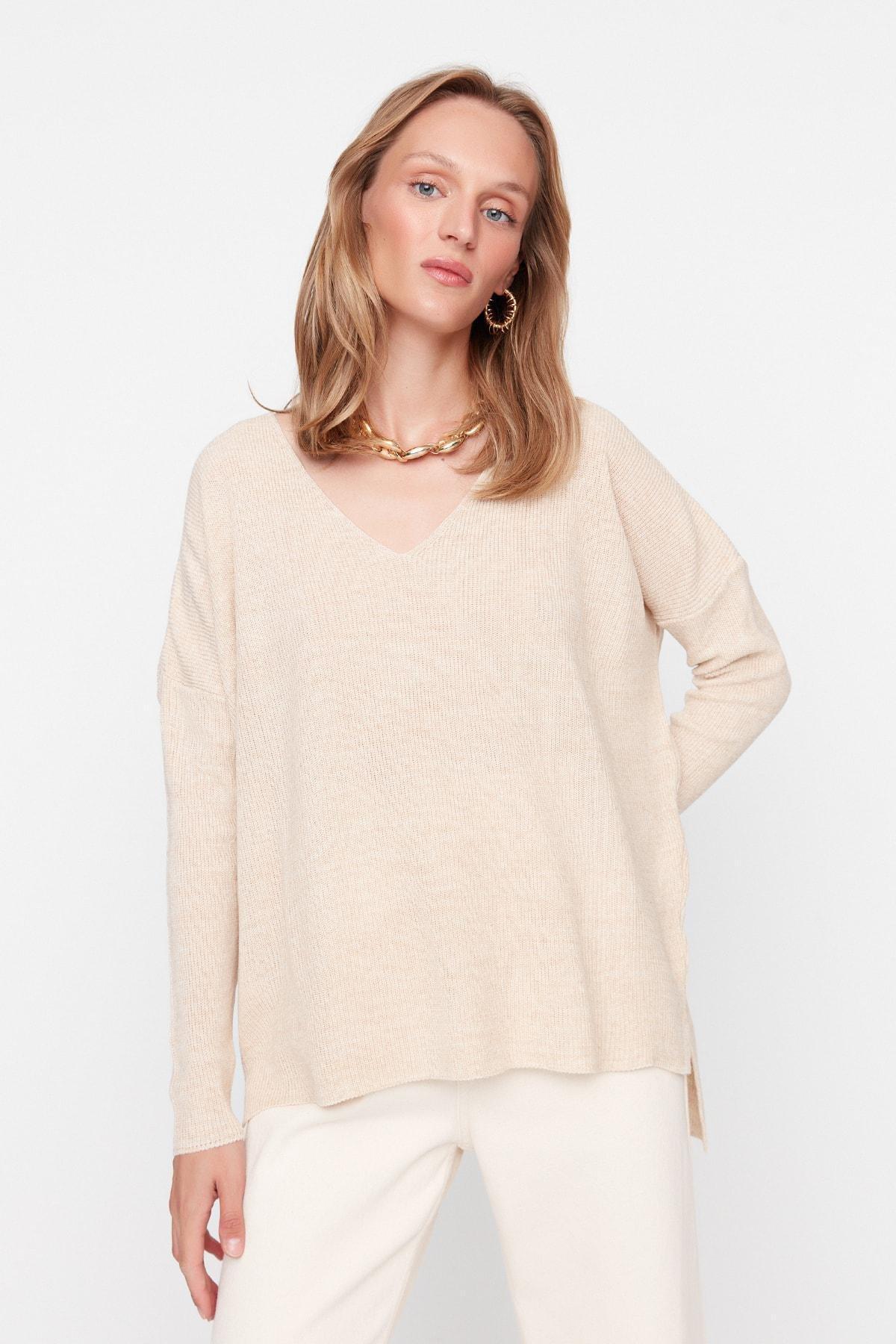 Trendyol - Beige Oversize V-Neck Sweater