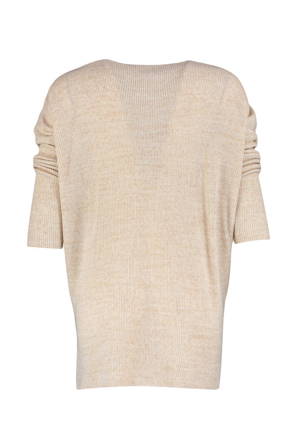 Trendyol - Beige Oversize V-Neck Sweater