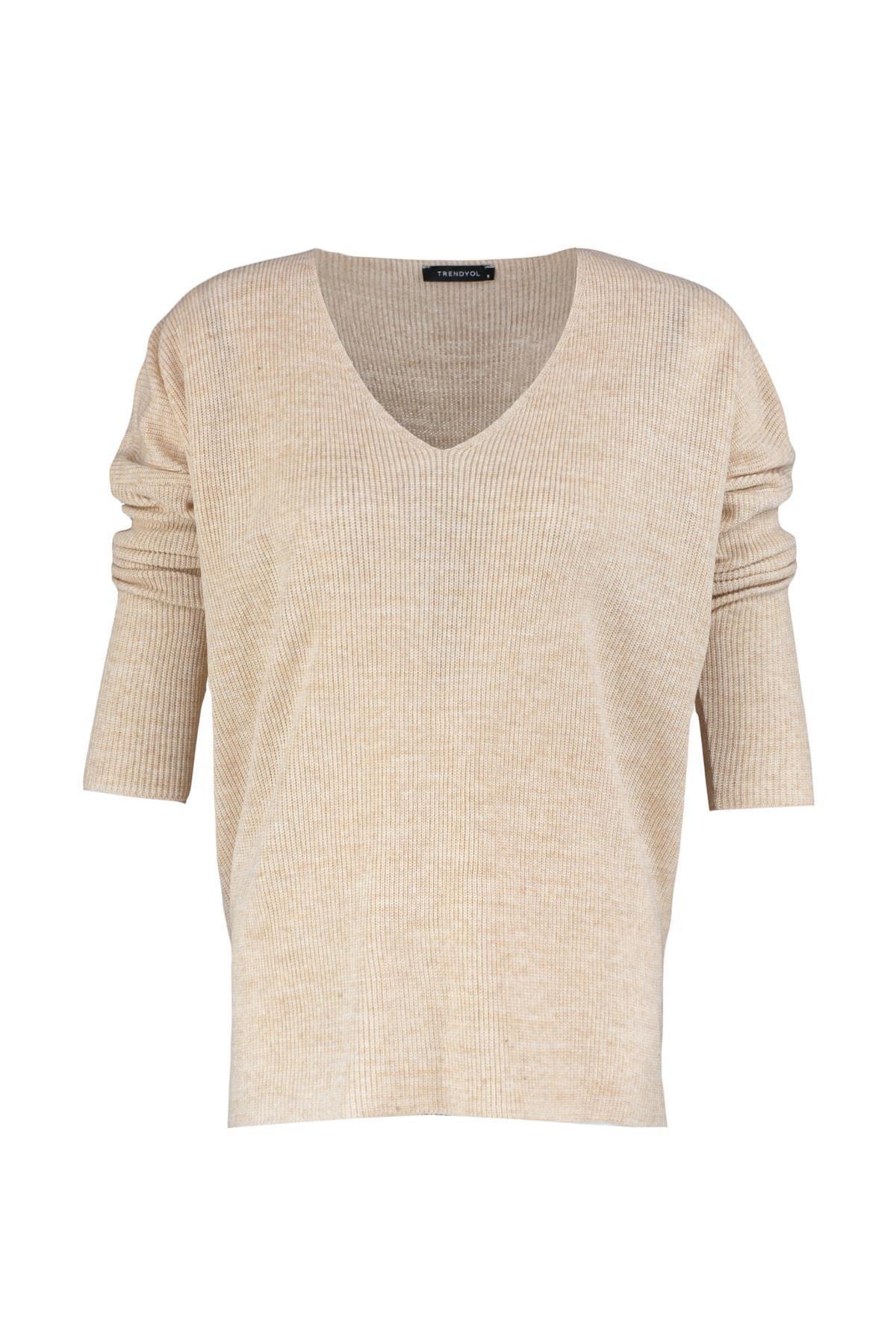 Trendyol - Beige Oversize V-Neck Sweater