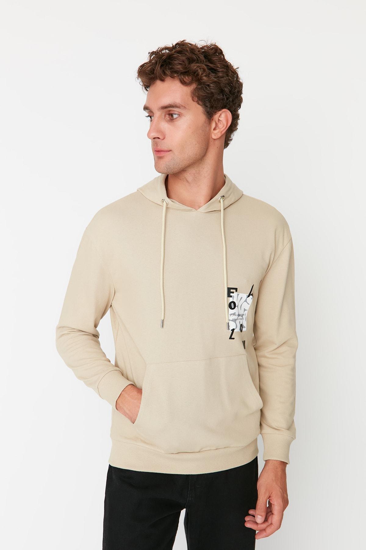 Trendyol - Beige Print Hooded Sweatshirt