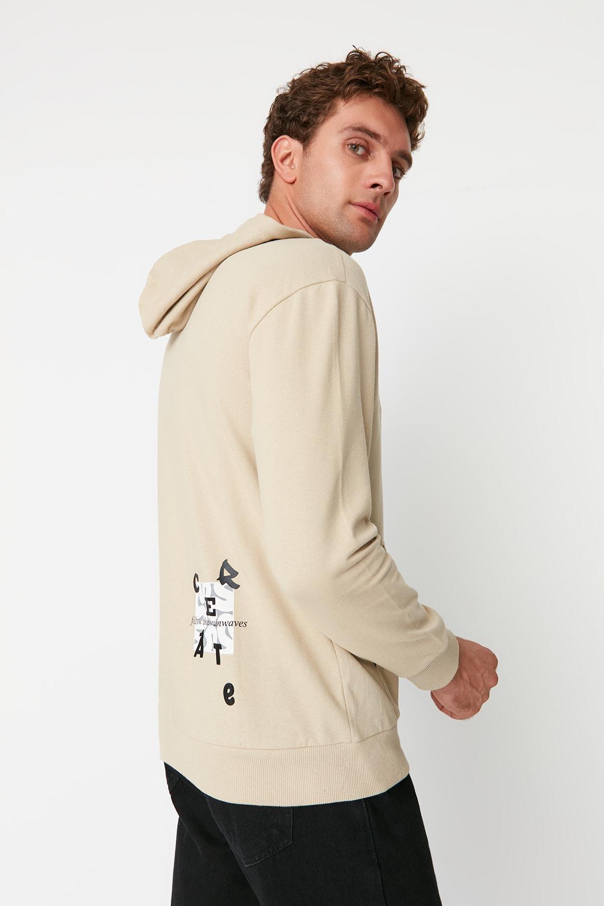 Trendyol - Beige Print Hooded Sweatshirt