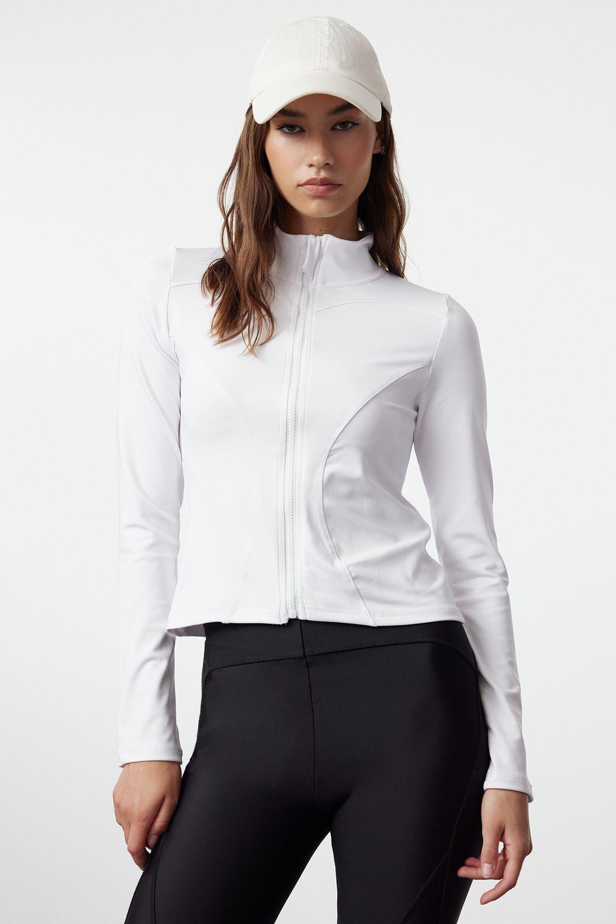 White Fitted Zipper High Neck Knitted Sports Top/Blouse TWOAW23BZ00592, Single item, , large image number 0