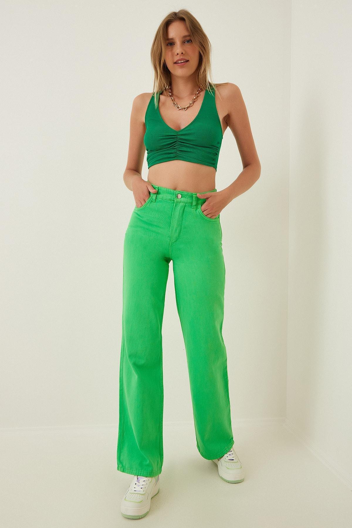 Green Wide Leg Jeans, Green, large image number 0