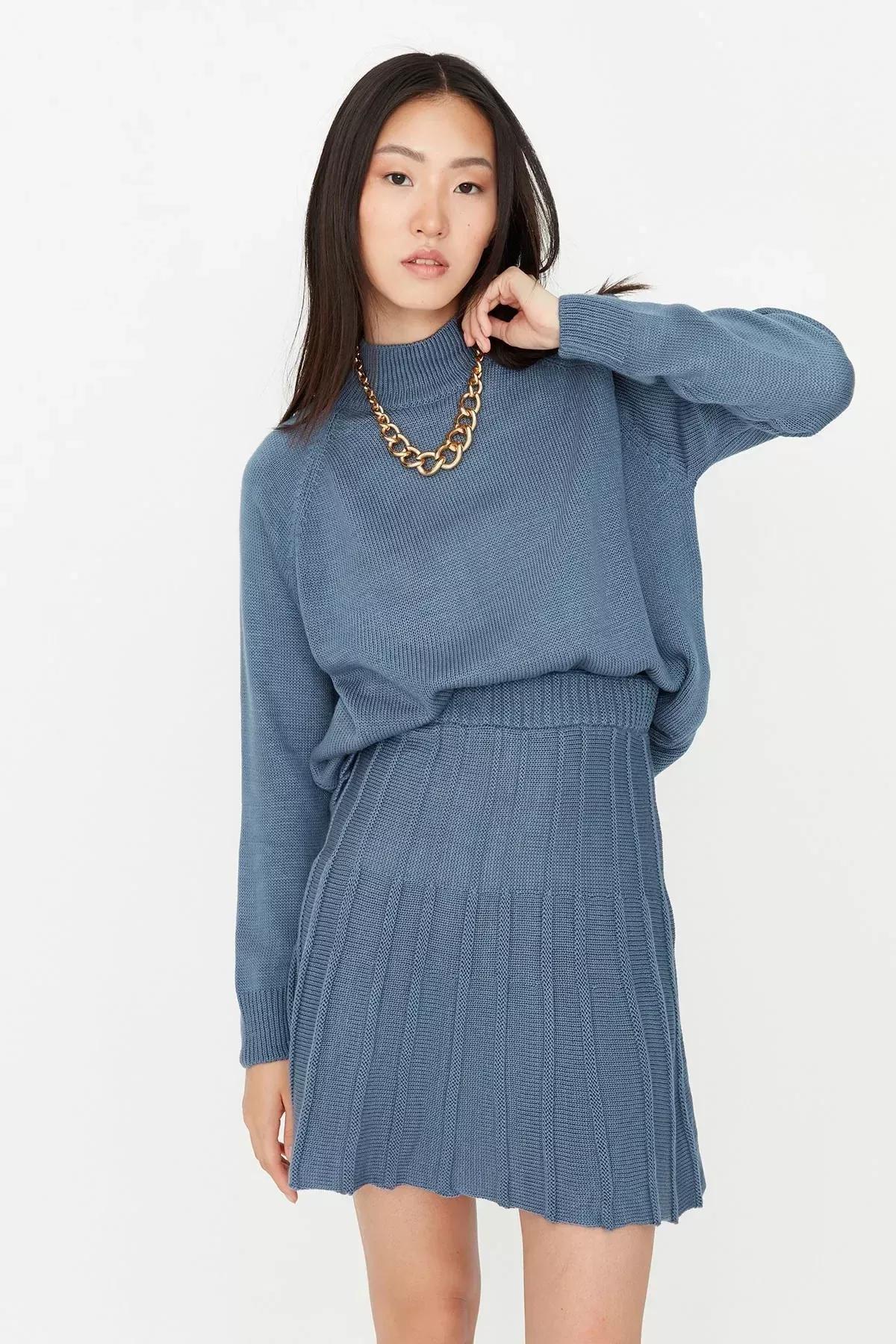 Blue Pleated Skirt Knit Set, Blue, large image number 2
