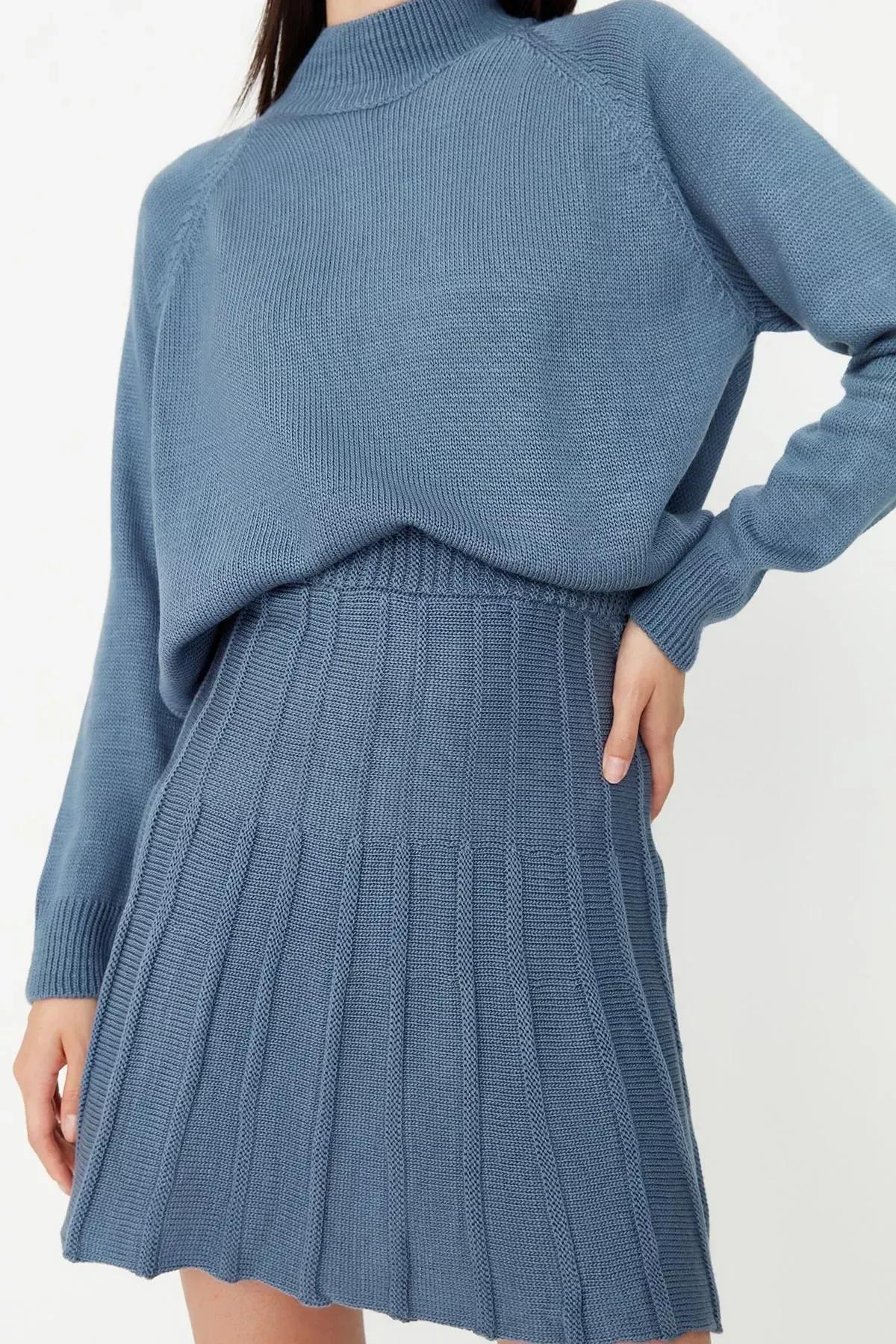 Blue Pleated Skirt Knit Set, Blue, large image number 3