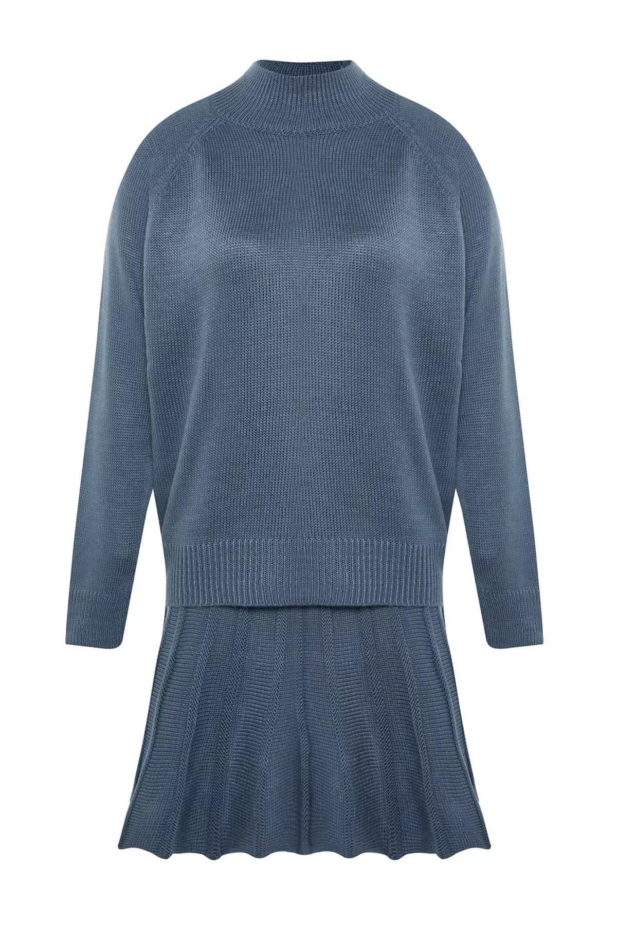 Blue Pleated Skirt Knit Set, Blue, large image number 5