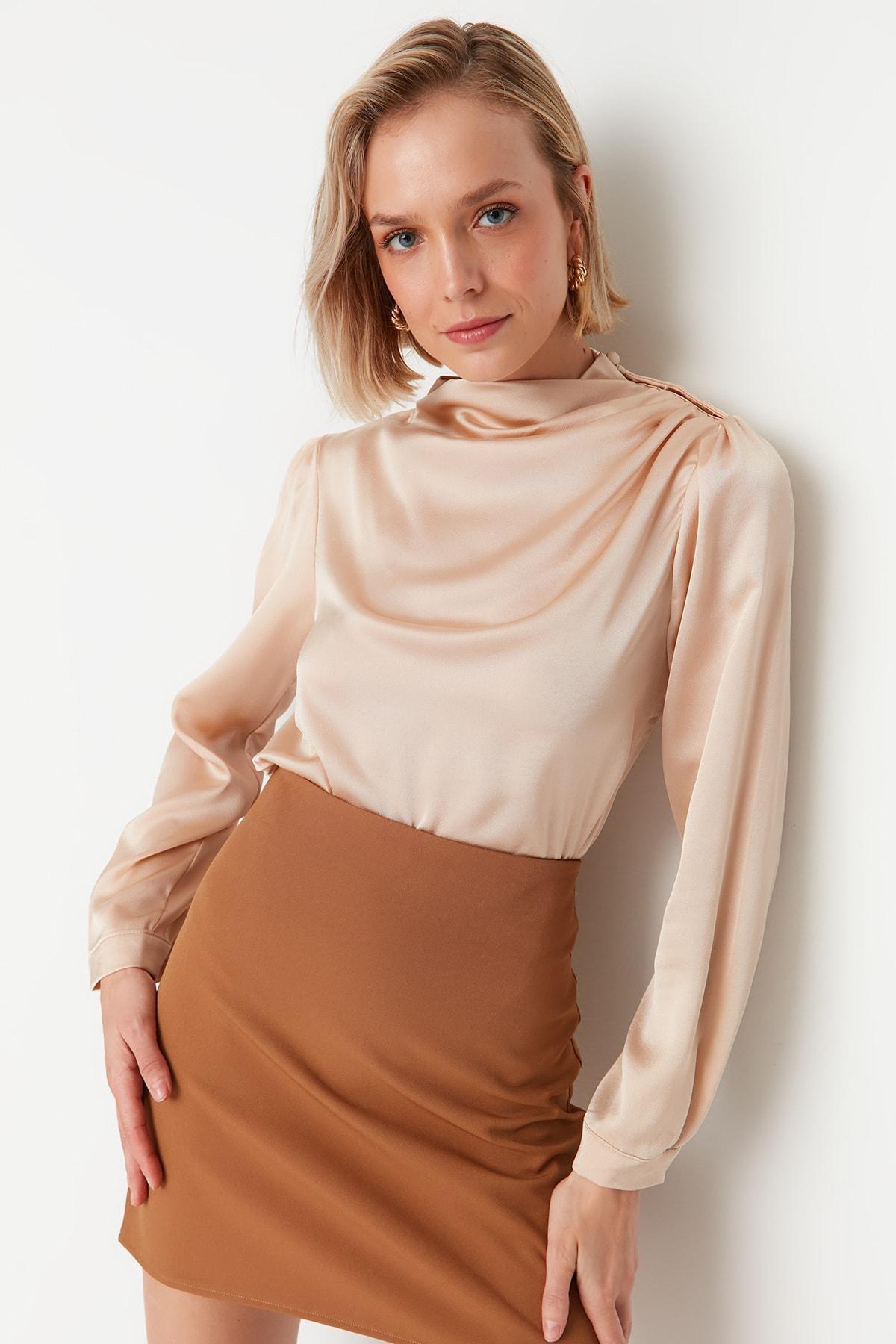 Beige Cowl Neck Blouse, Beige, large image number 0