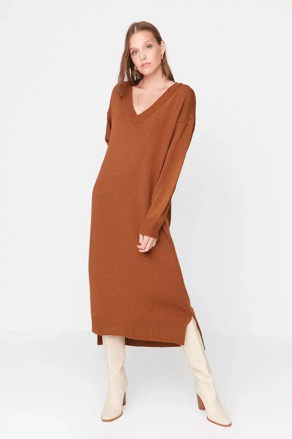 Brown Shift Long Sleeve Midi Dress, Brown, large image number 0