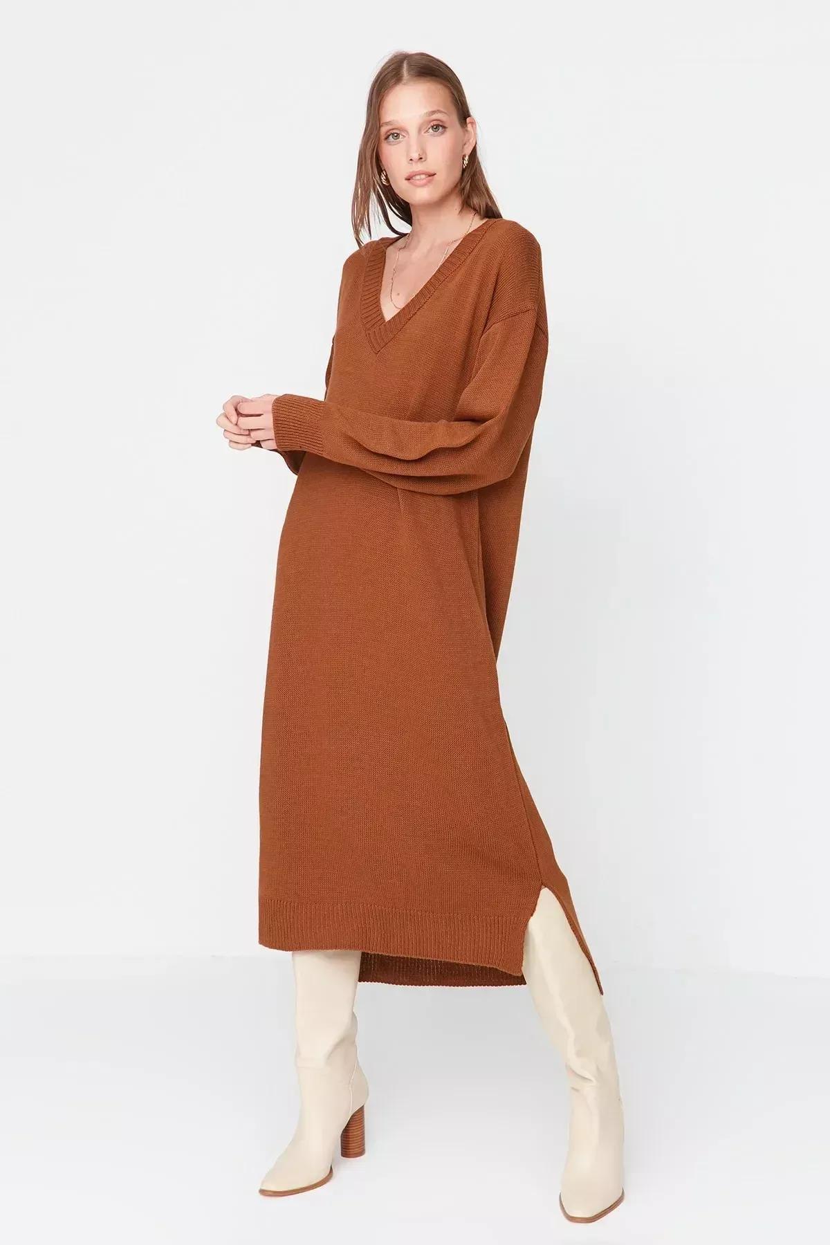Brown Shift Long Sleeve Midi Dress, Brown, large image number 1