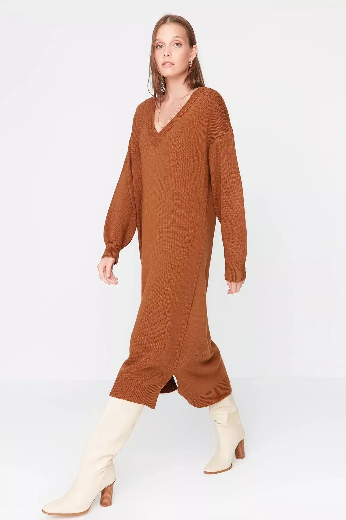 Brown Shift Long Sleeve Midi Dress, Brown, large image number 2