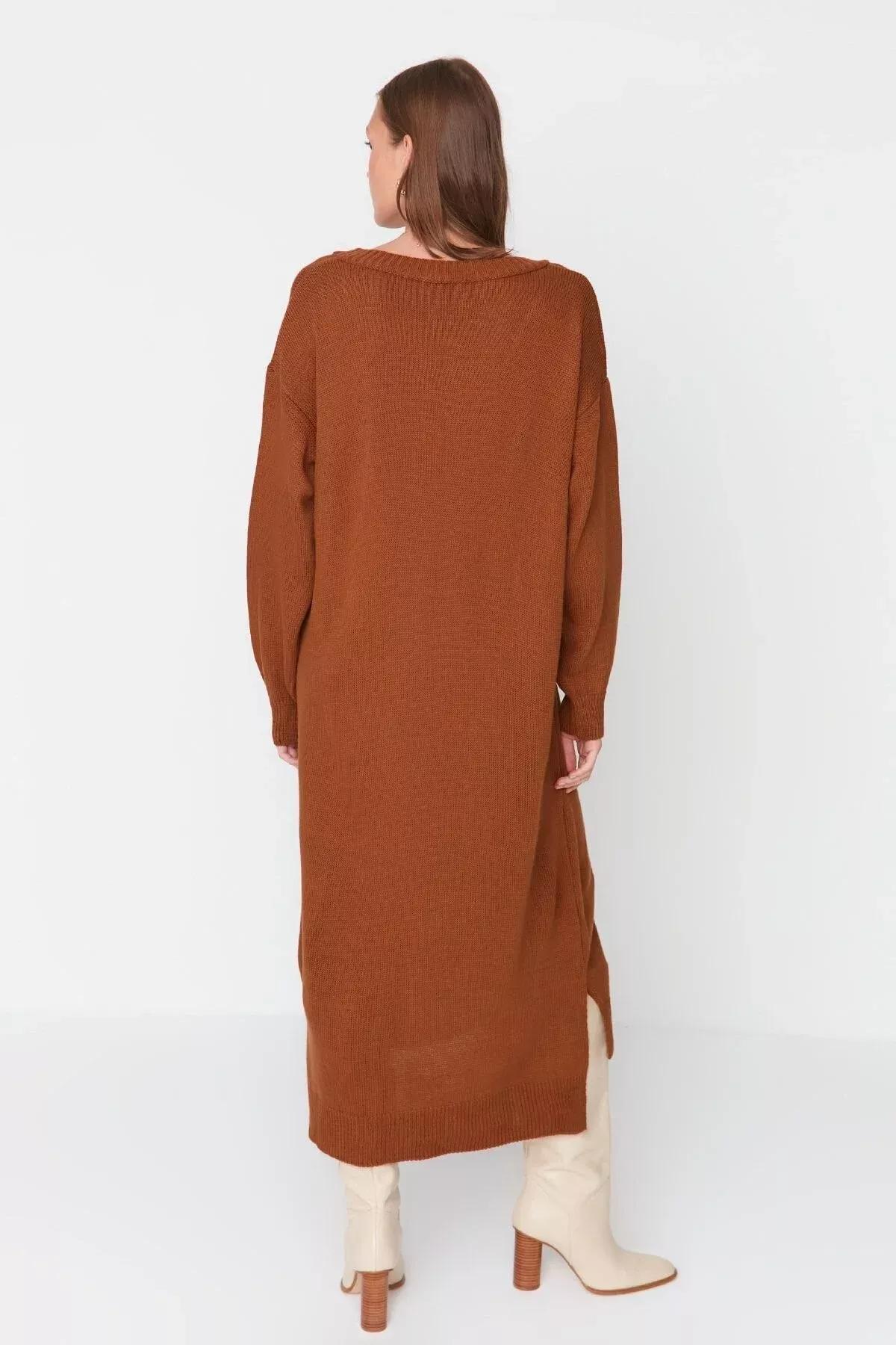 Brown Shift Long Sleeve Midi Dress, Brown, large image number 4
