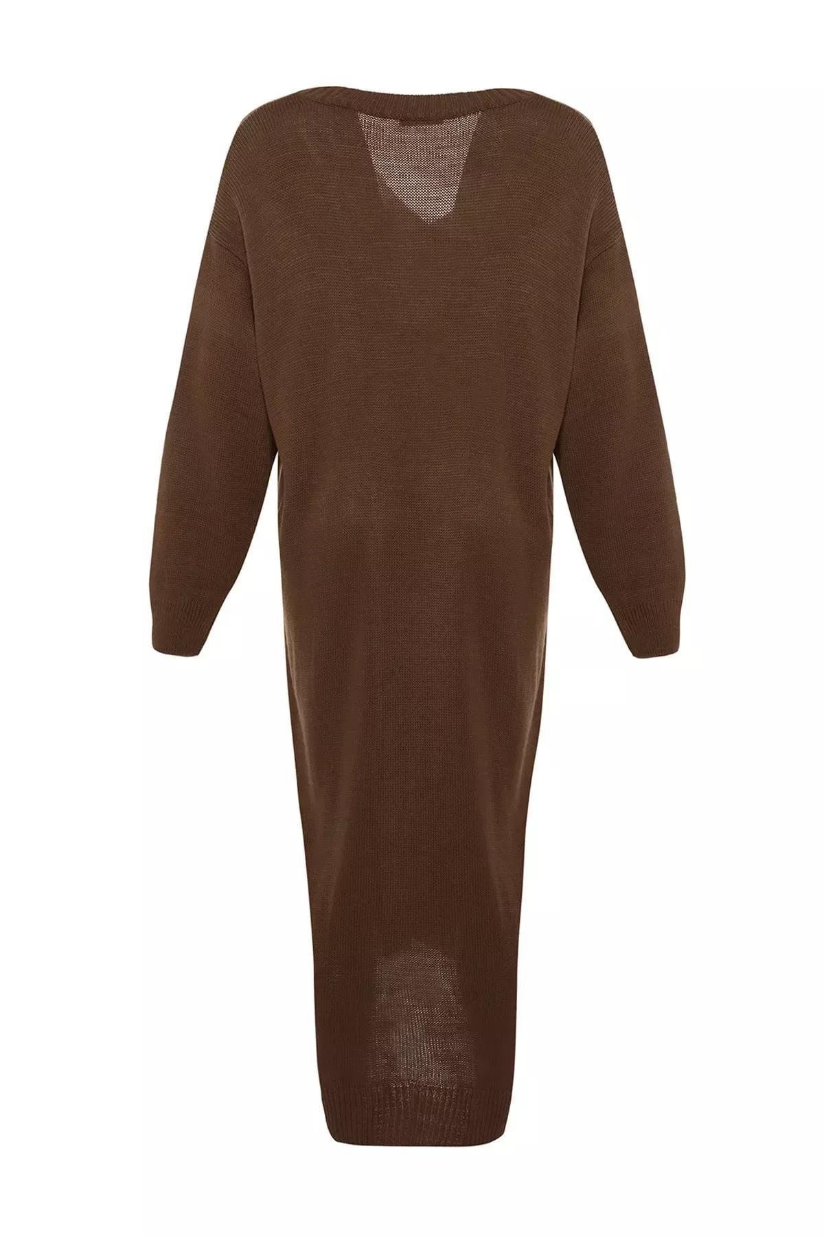 Brown Shift Long Sleeve Midi Dress, Brown, large image number 6