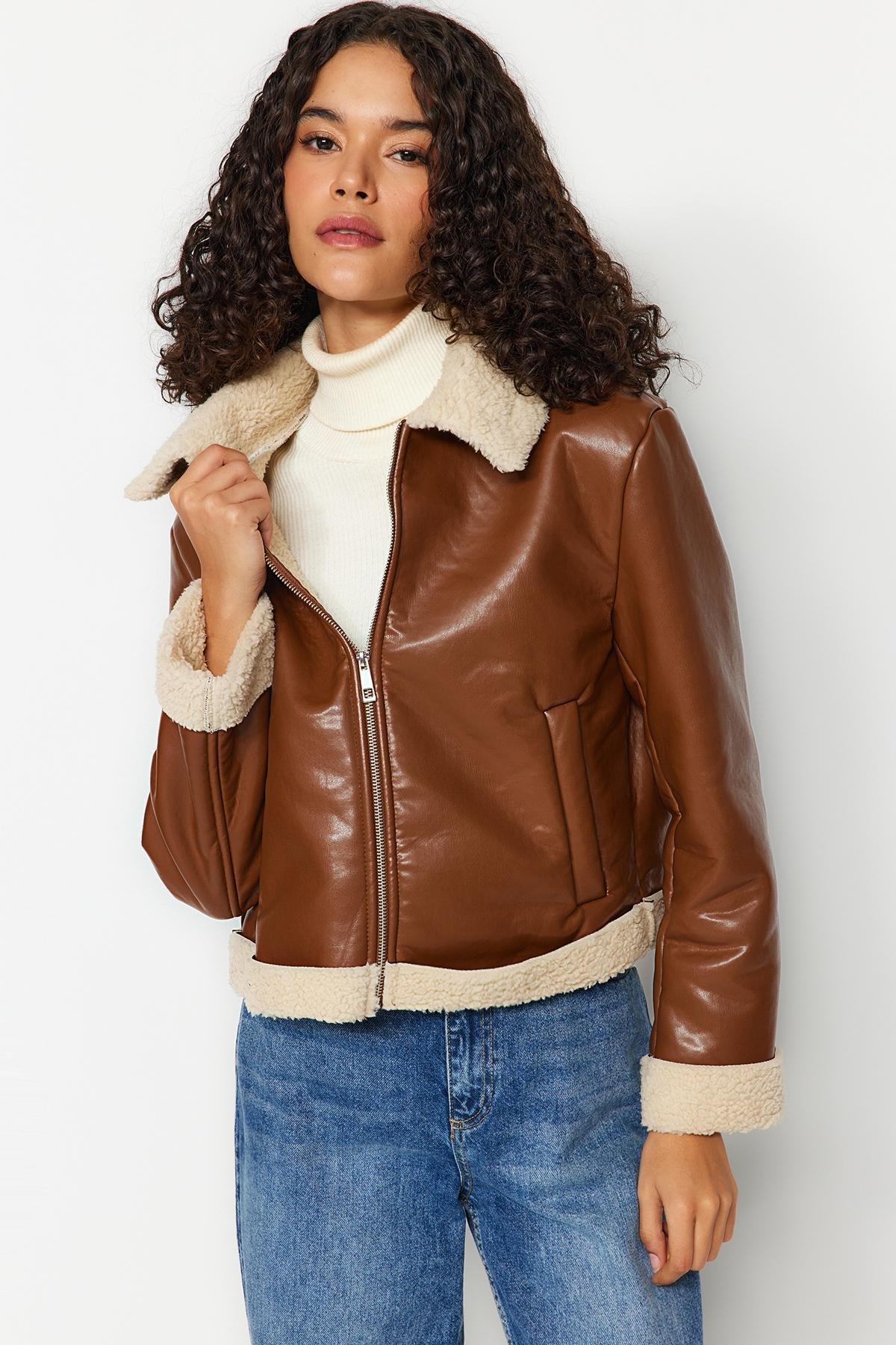 Brown Suede Plush Jacket Coat, , large image number 0