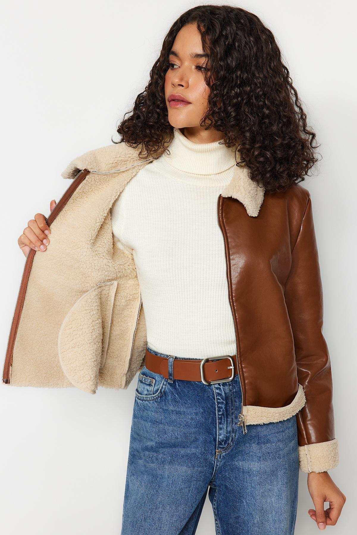 Brown Suede Plush Jacket Coat, , large image number 2