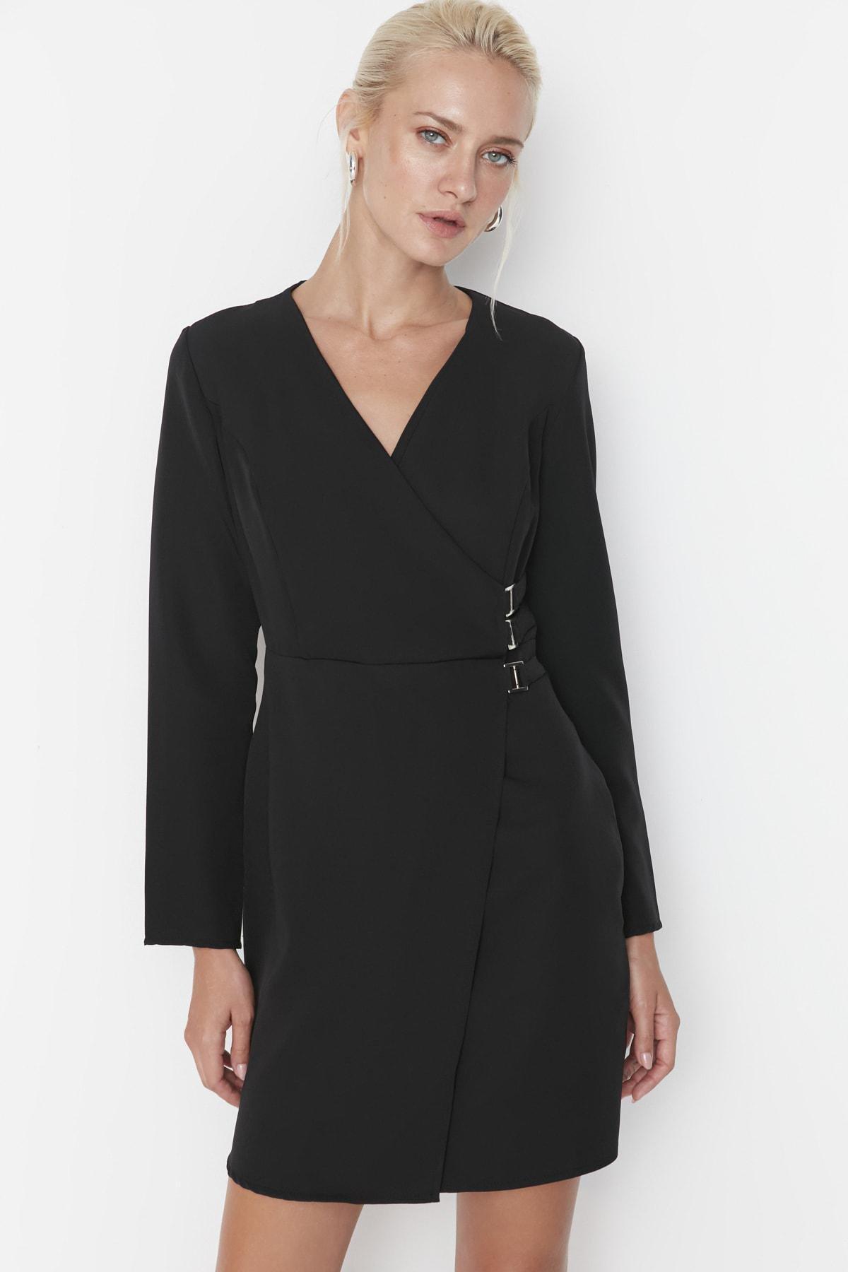 Trendyol - Black Wrapover Double-Breasted Dress