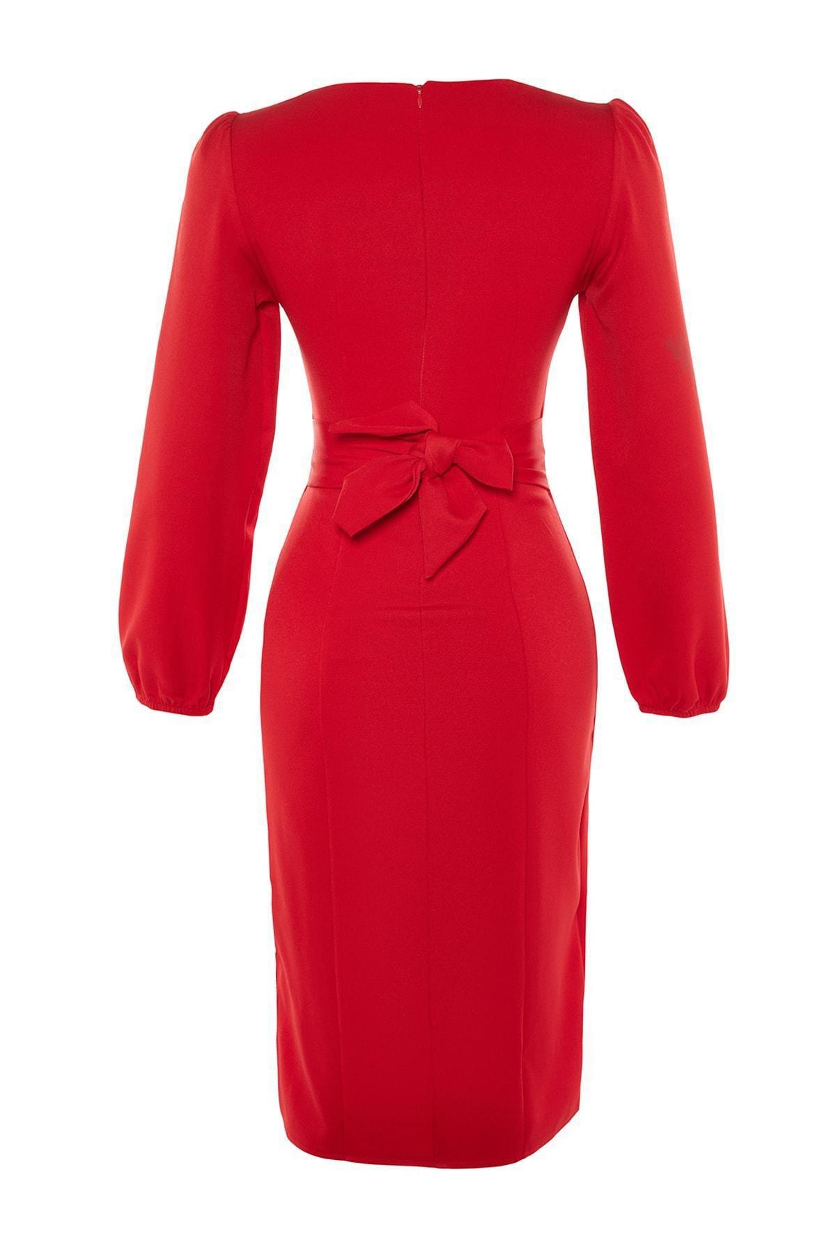 فستان بقصة ضيقة وفتحة رقبة بتصميم قلب، أحمر, Red, large image number 7