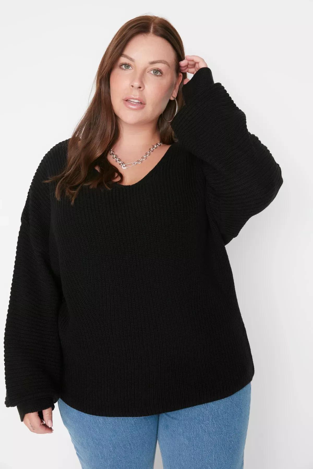 Black V-Neck Plus Size Sweater, Black, medium
