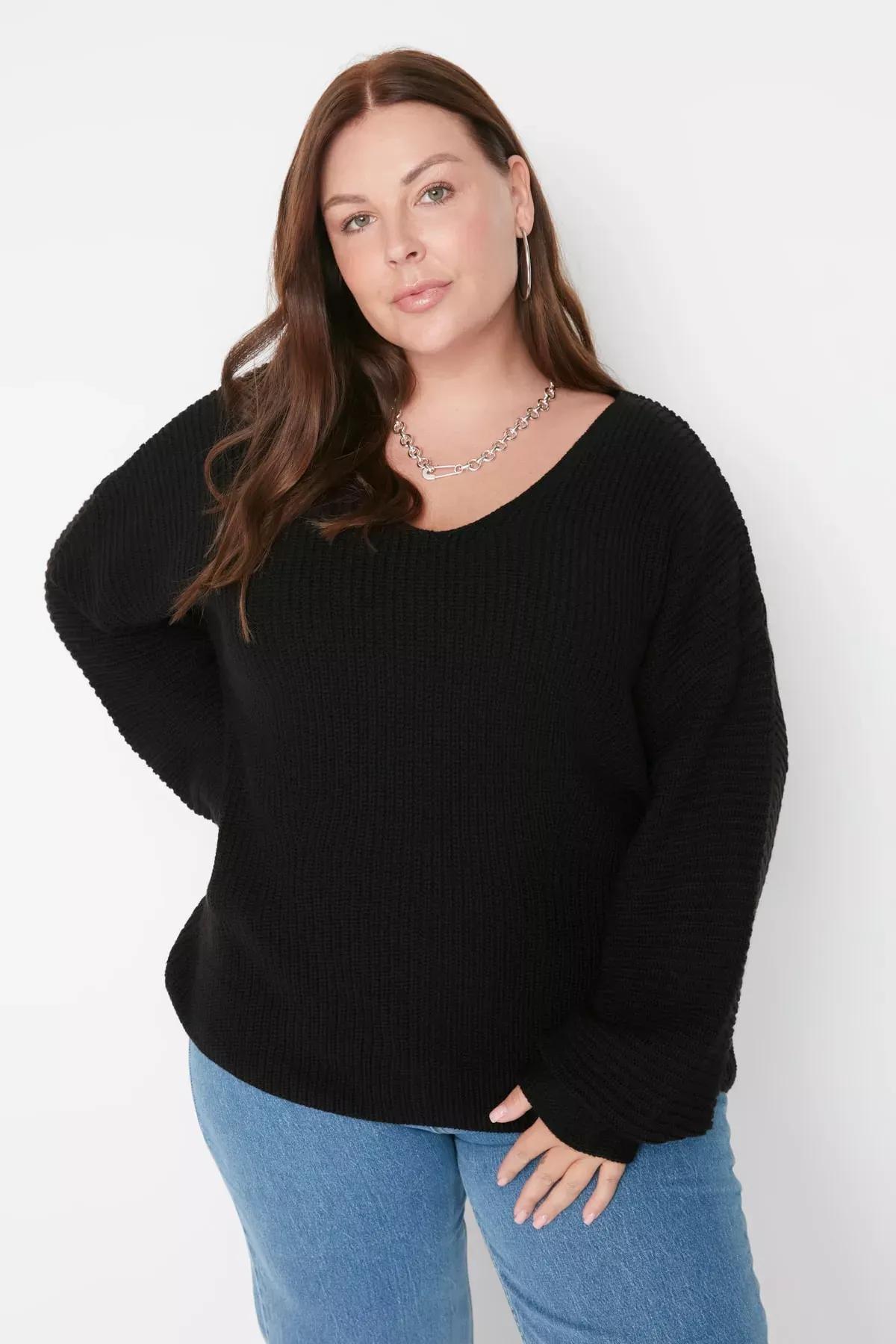 Black V-Neck Plus Size Sweater, Black, medium