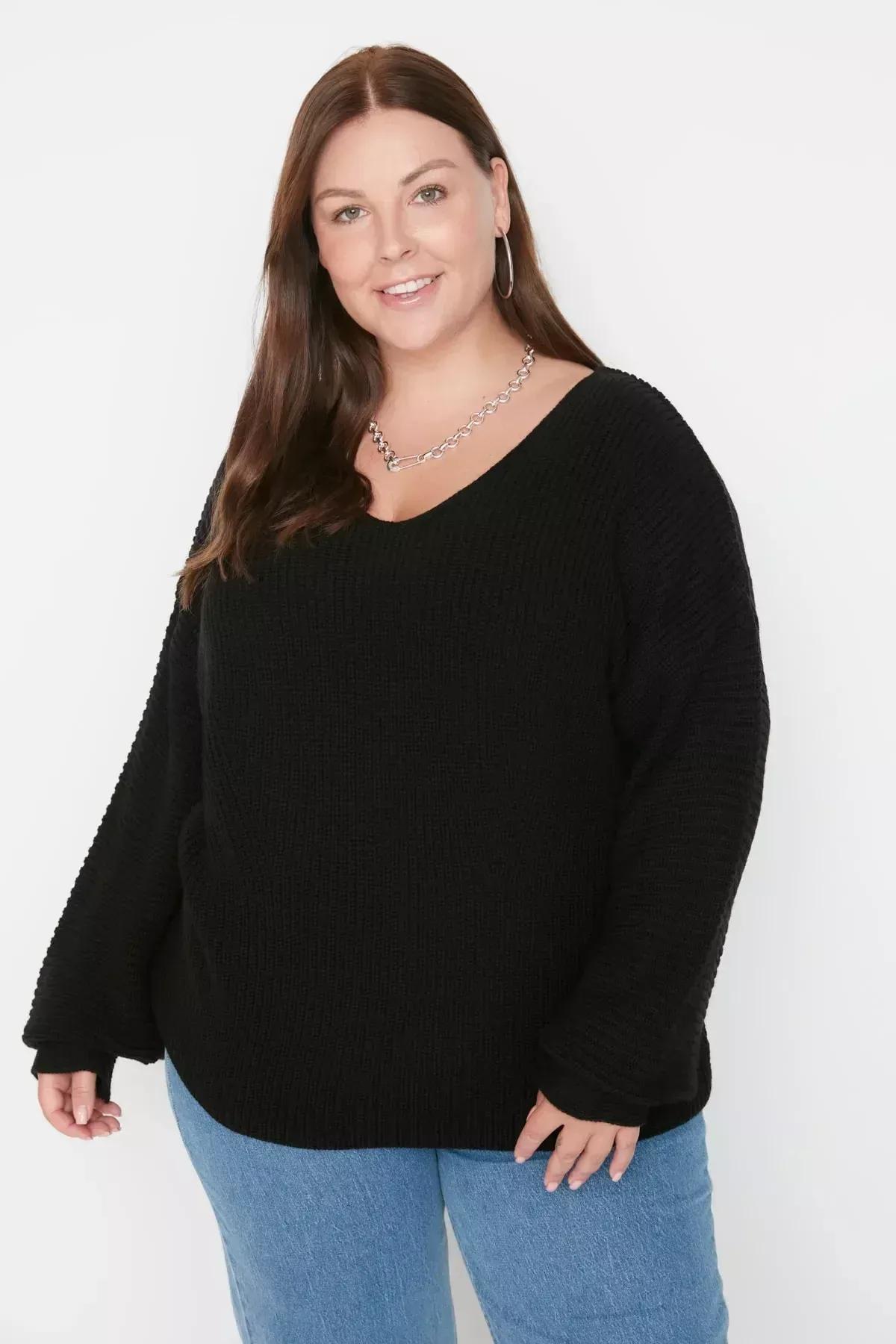 Black V-Neck Plus Size Sweater, Black, medium