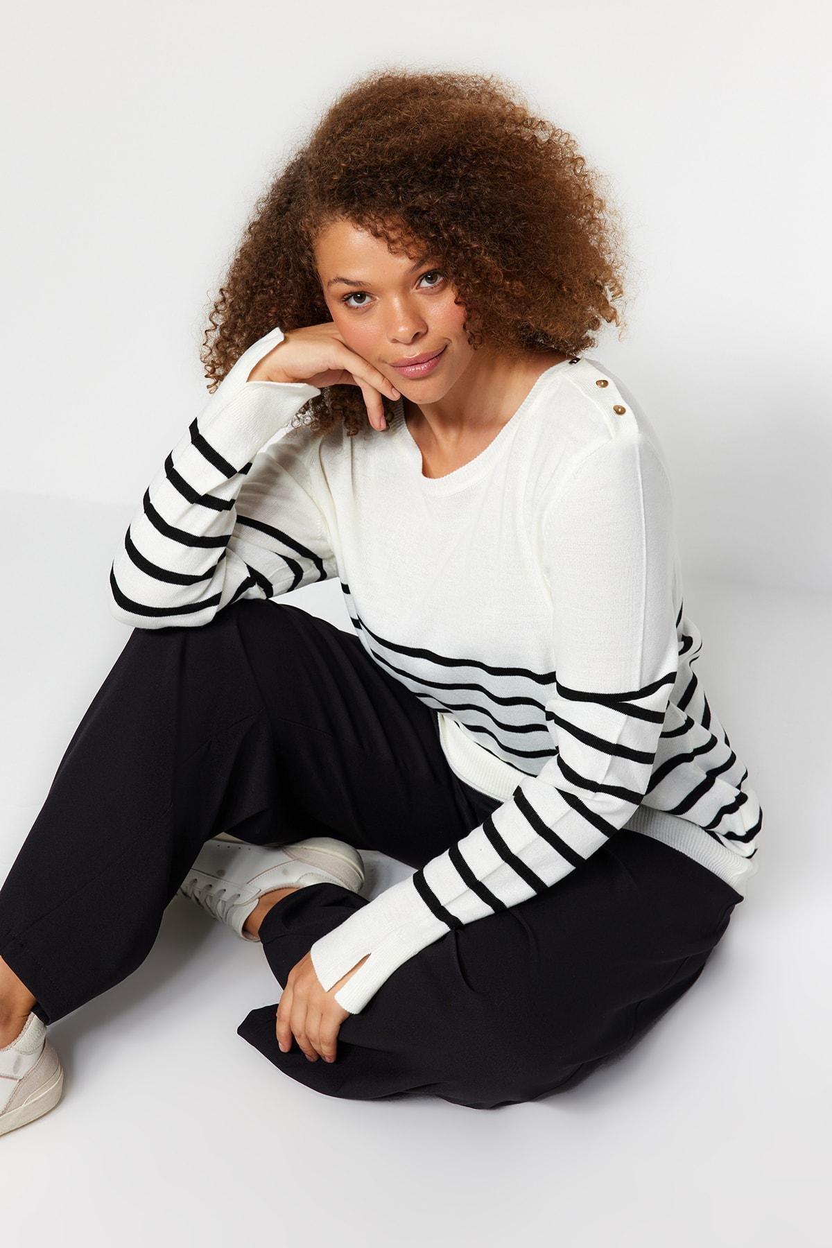 Cream Striped Relaxed Plus Size Sweater, Ecru, large image number 0