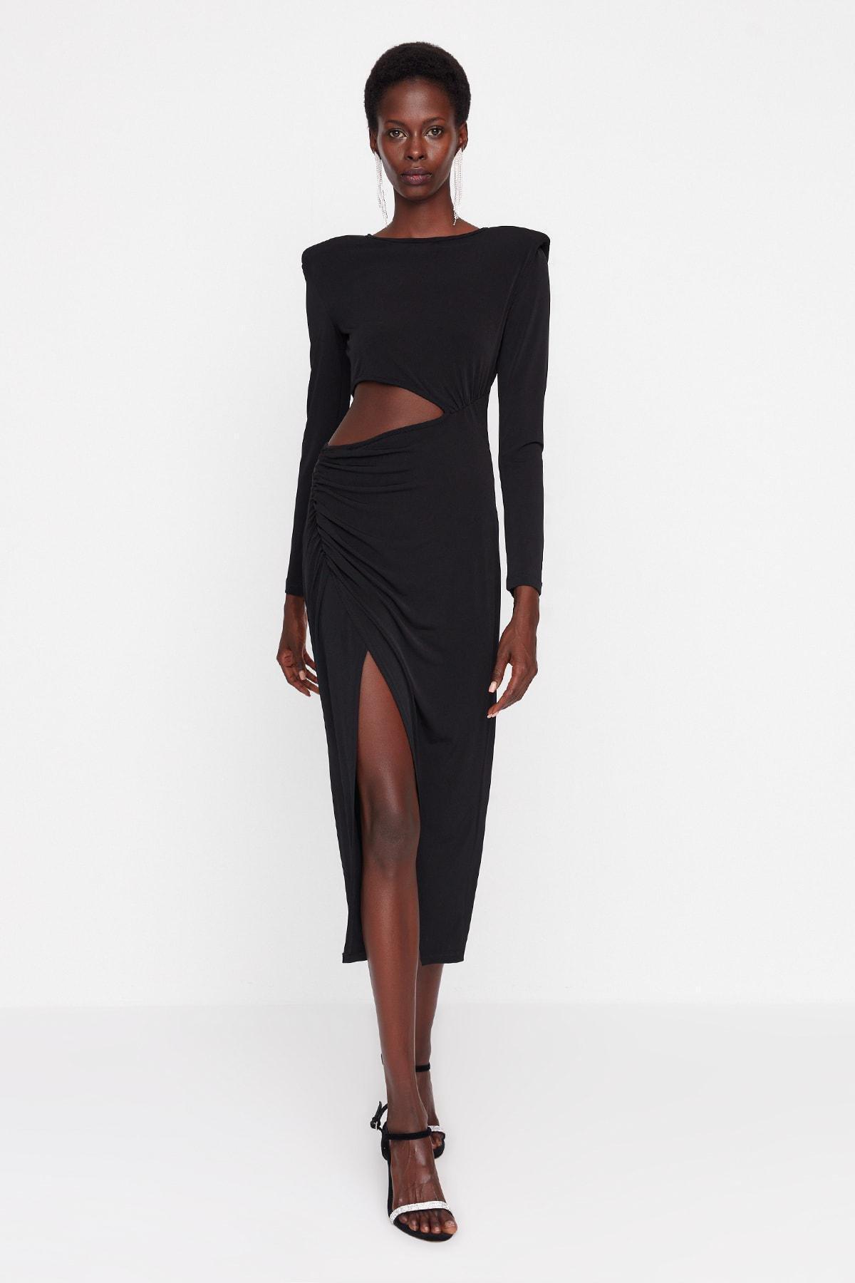 Black Fitted Wrap over Crew Neck Dress, , large image number 1