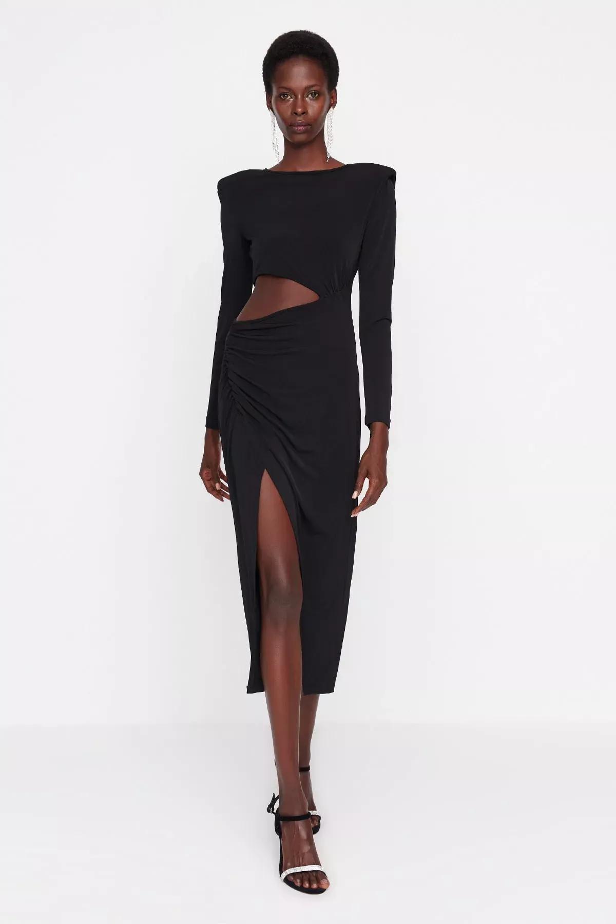 Black Fitted Wrap over Crew Neck Dress, Black, large image number 1