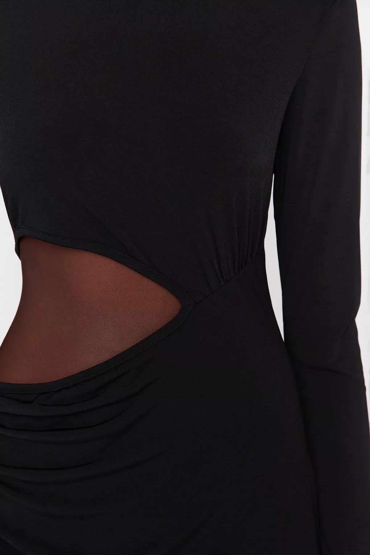 Black Fitted Wrap over Crew Neck Dress, Black, large image number 2