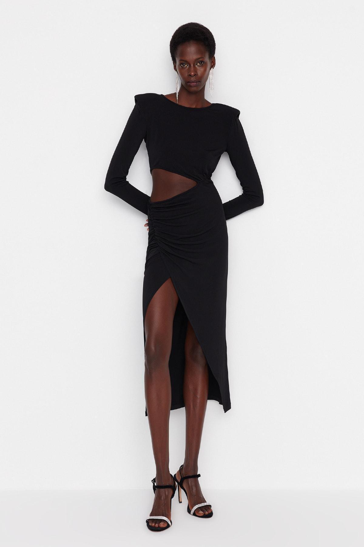 Black Fitted Wrap over Crew Neck Dress, , large image number 3