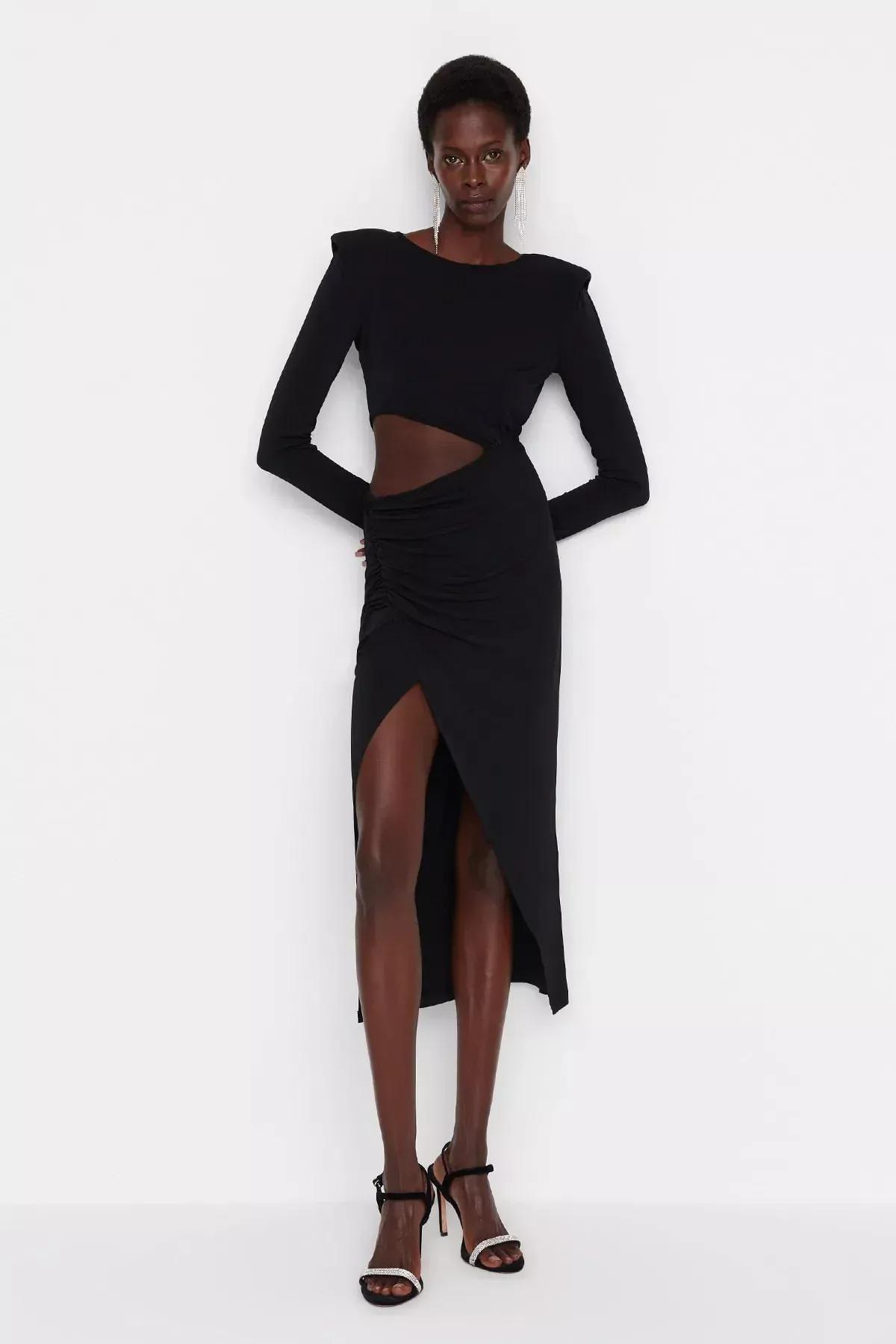 Black Fitted Wrap over Crew Neck Dress, Black, large image number 3