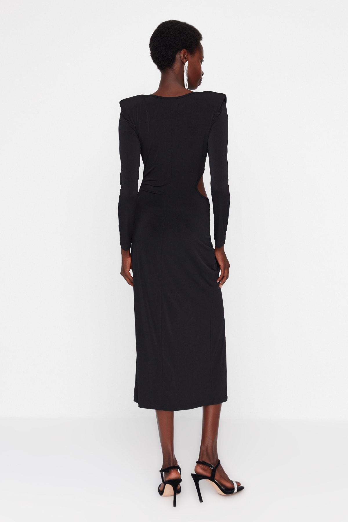 Black Fitted Wrap over Crew Neck Dress, , large image number 4