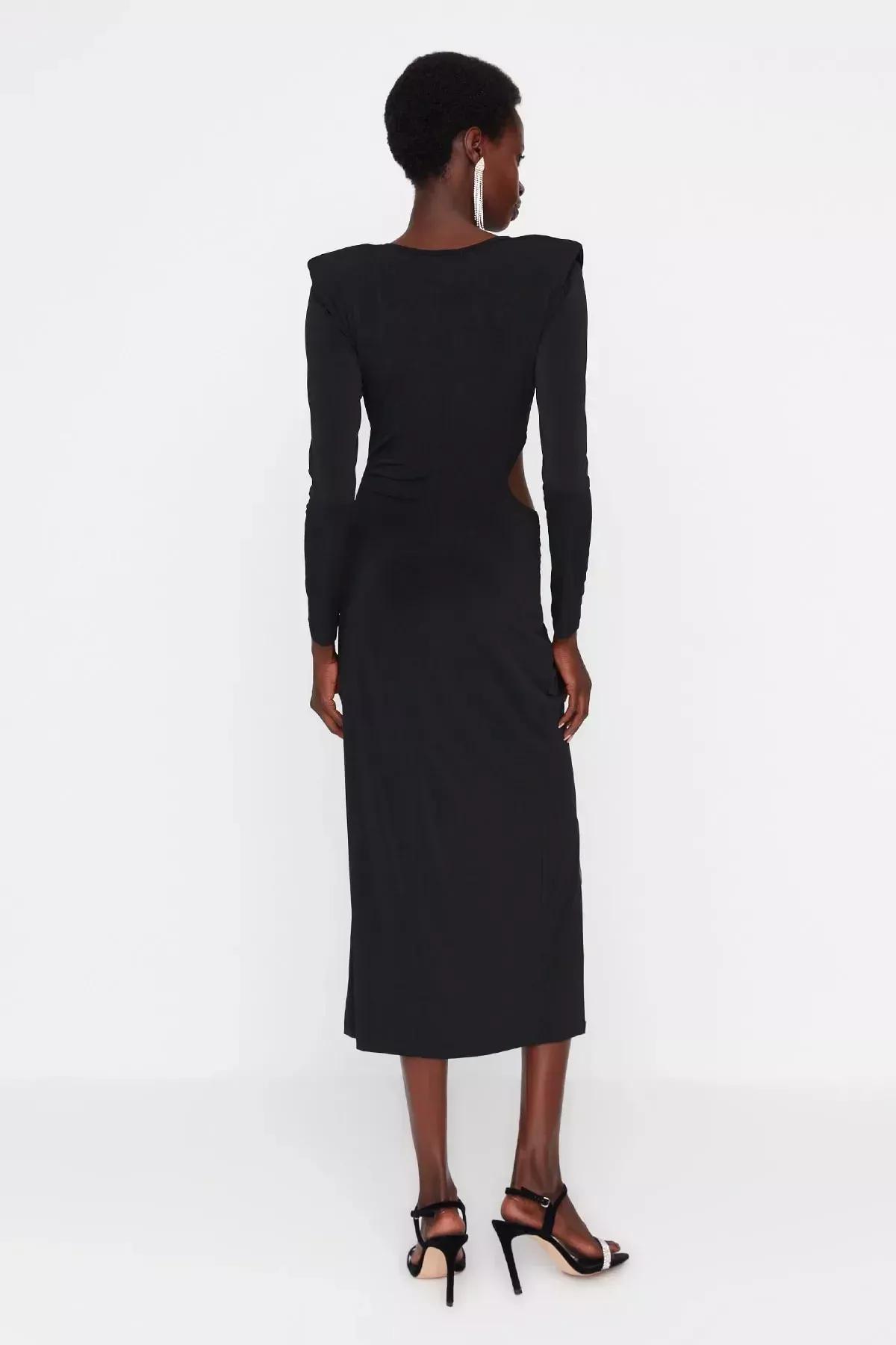 Black Fitted Wrap over Crew Neck Dress, Black, large image number 4