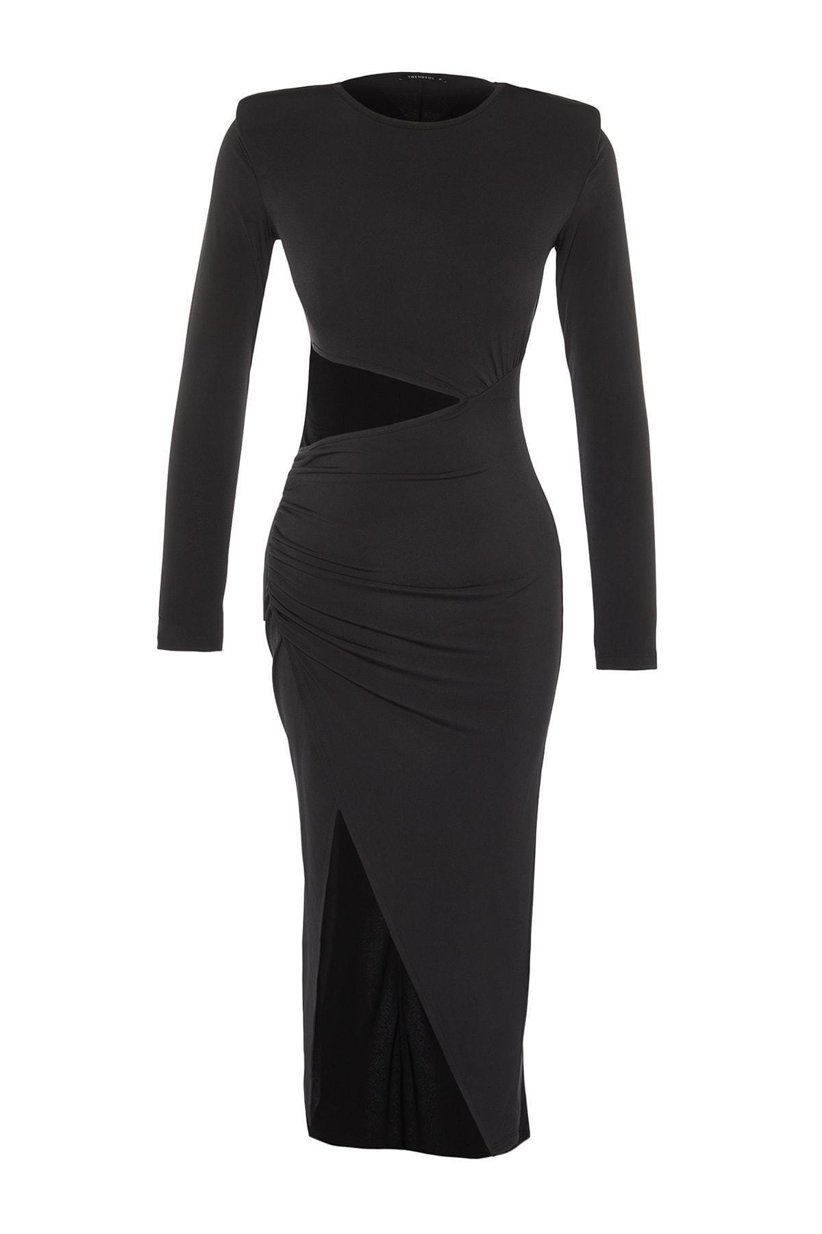 Black Fitted Wrap over Crew Neck Dress, , large image number 5