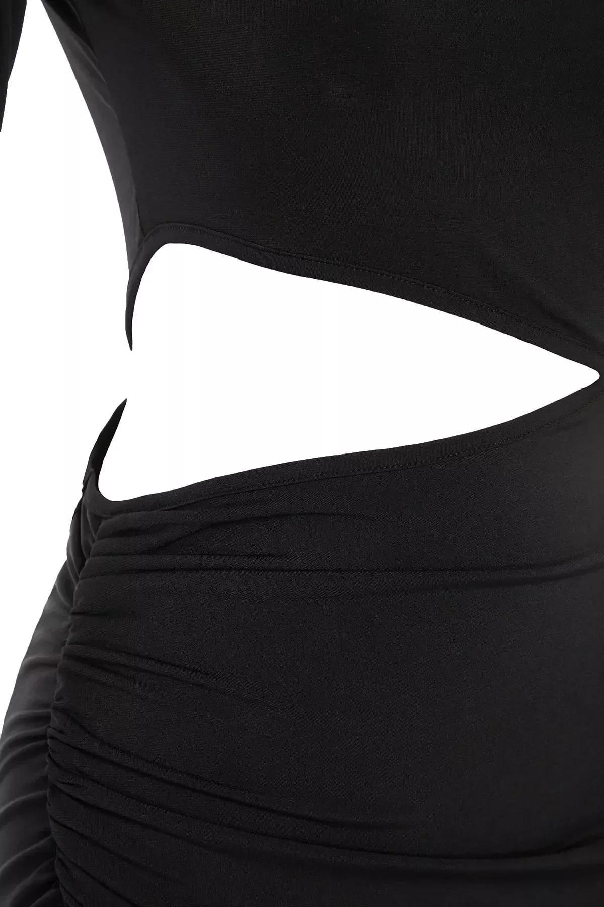 Black Fitted Wrap over Crew Neck Dress, Black, large image number 6