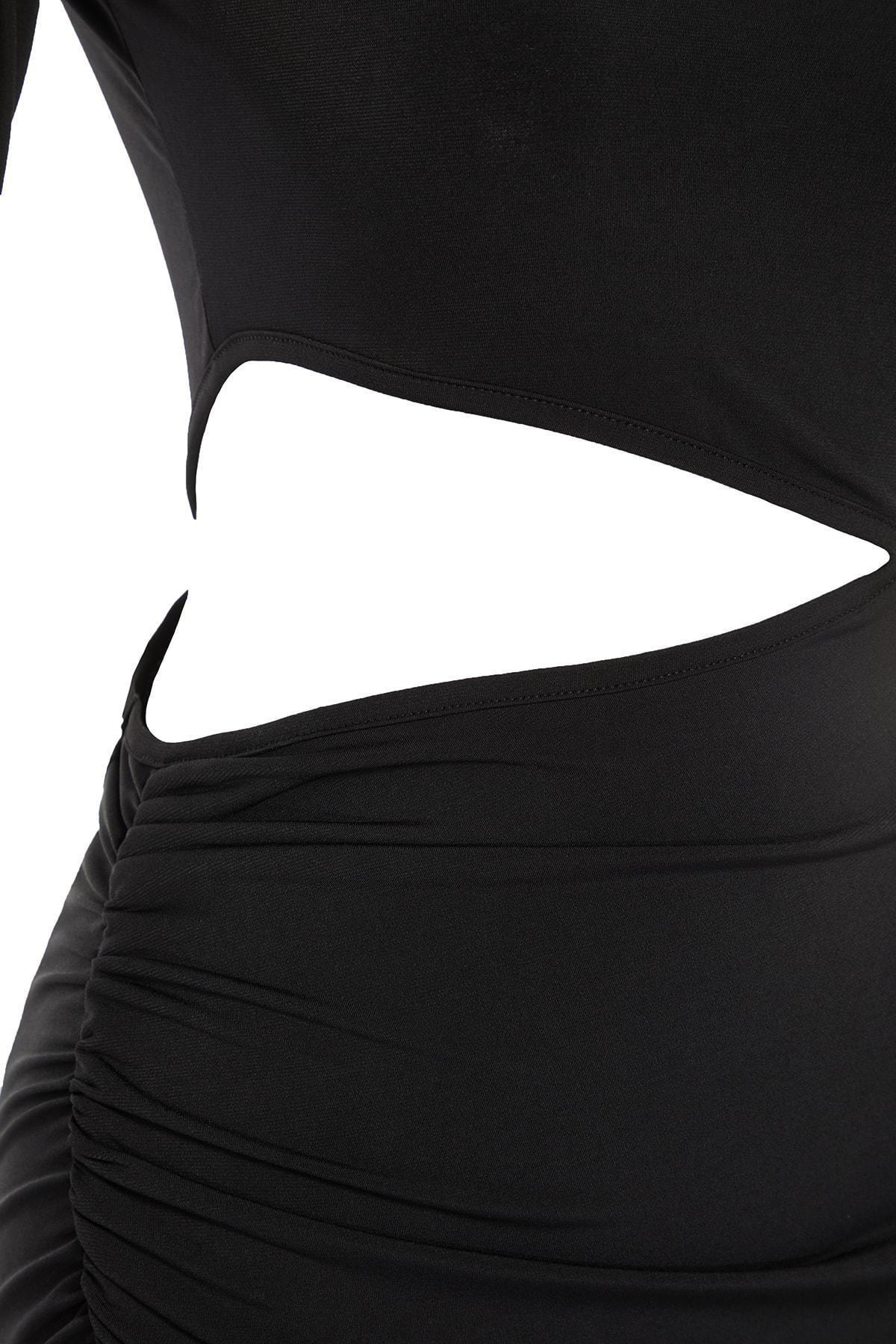 Black Fitted Wrap over Crew Neck Dress, , large image number 7