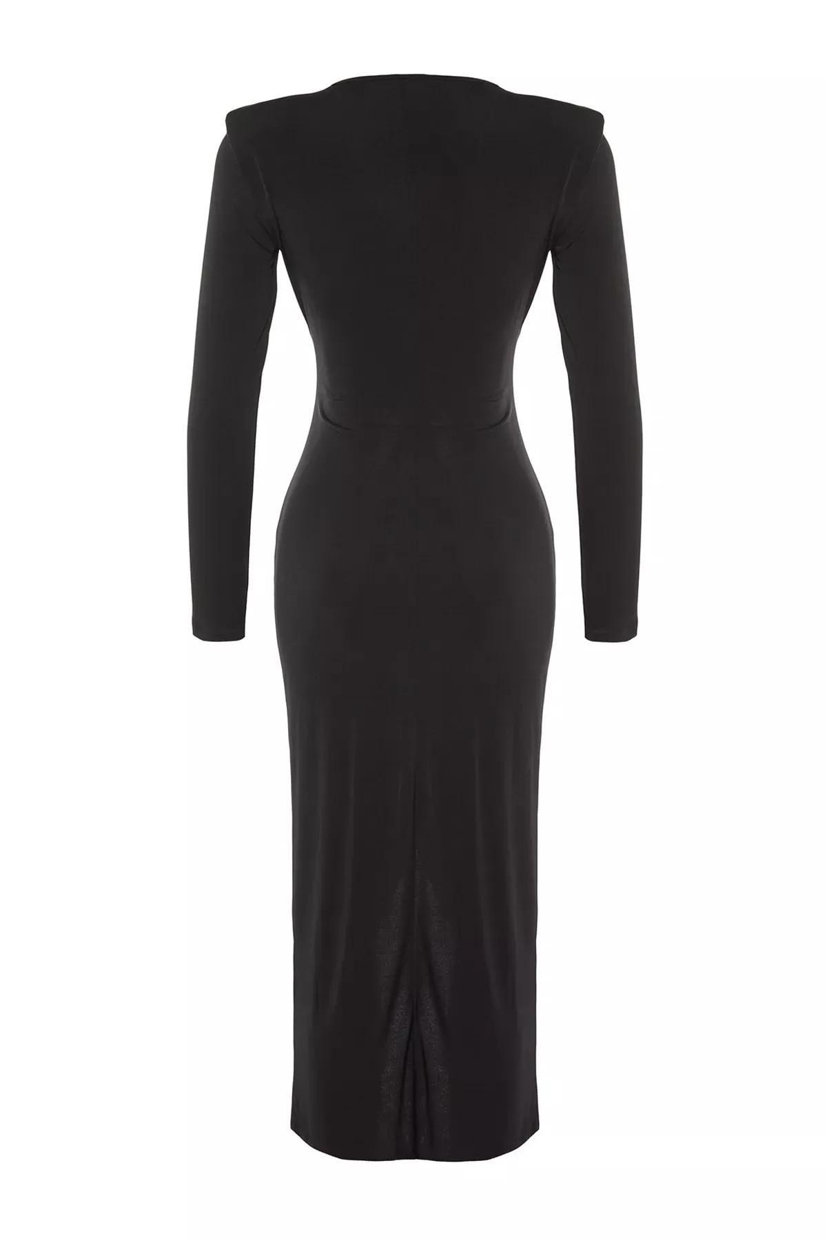 Black Fitted Wrap over Crew Neck Dress, Black, large image number 7