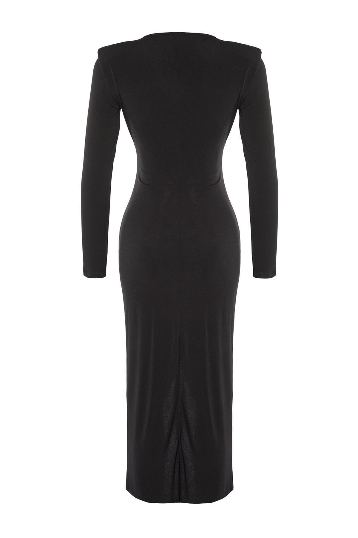 Black Fitted Wrap over Crew Neck Dress, , large image number 8