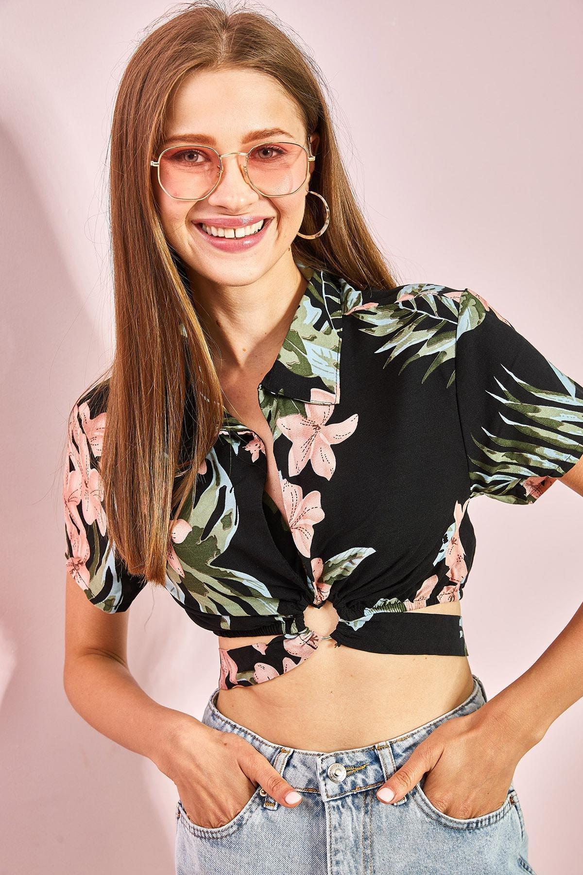 Black Ring Detail Tied Crop Shirt, , large image number 0