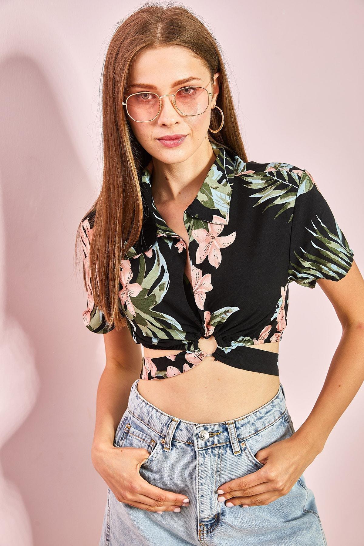 Black Ring Detail Tied Crop Shirt, , large image number 3