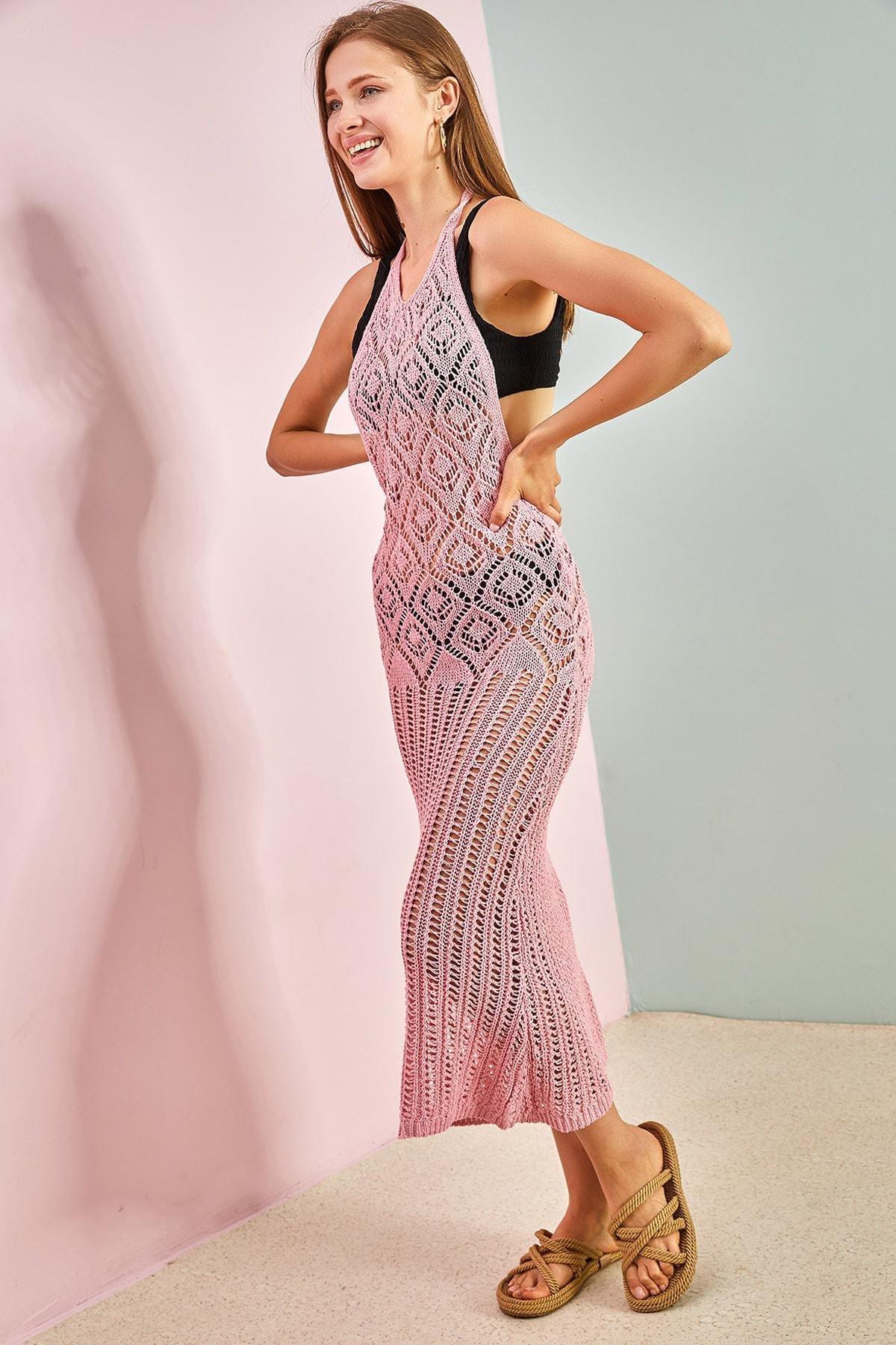 Pink Decollete Backless Beach Dress, , large image number 3