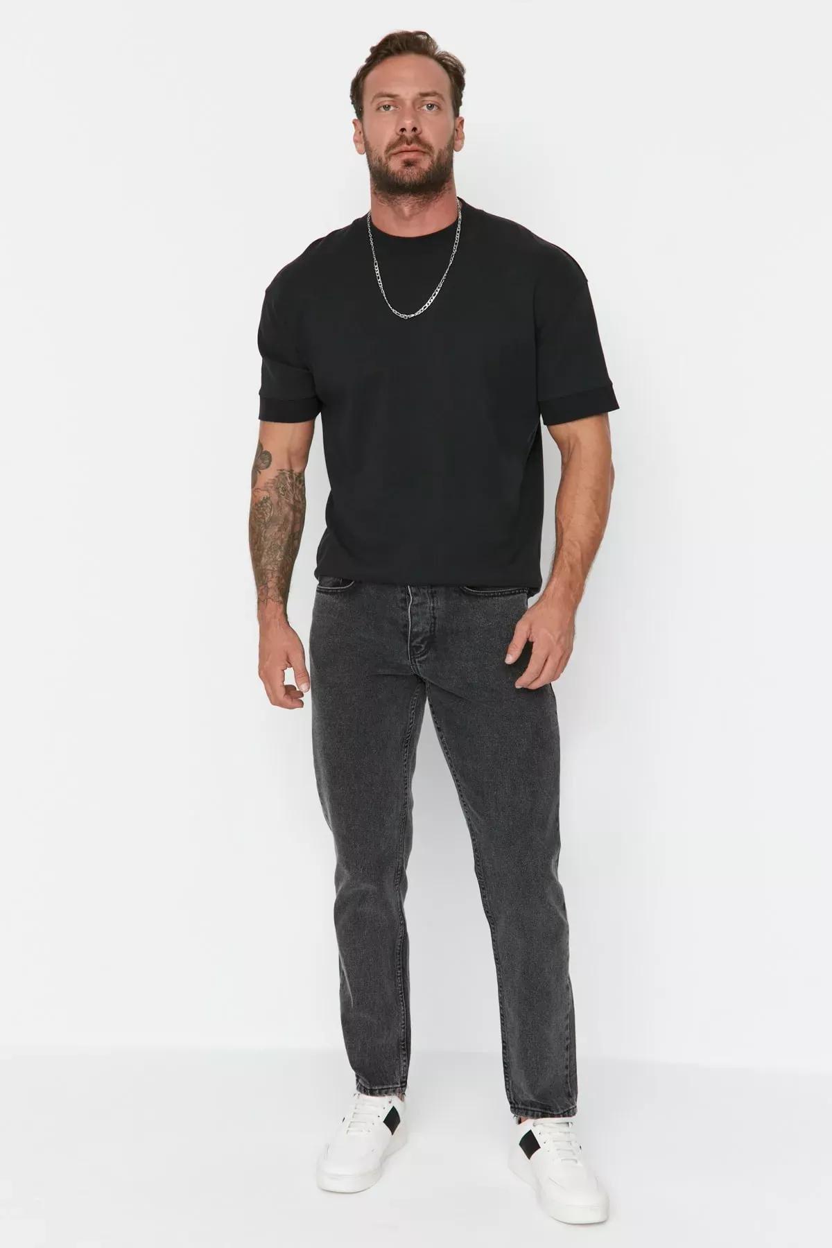 Black Denim Carrot Jeans, Black, medium